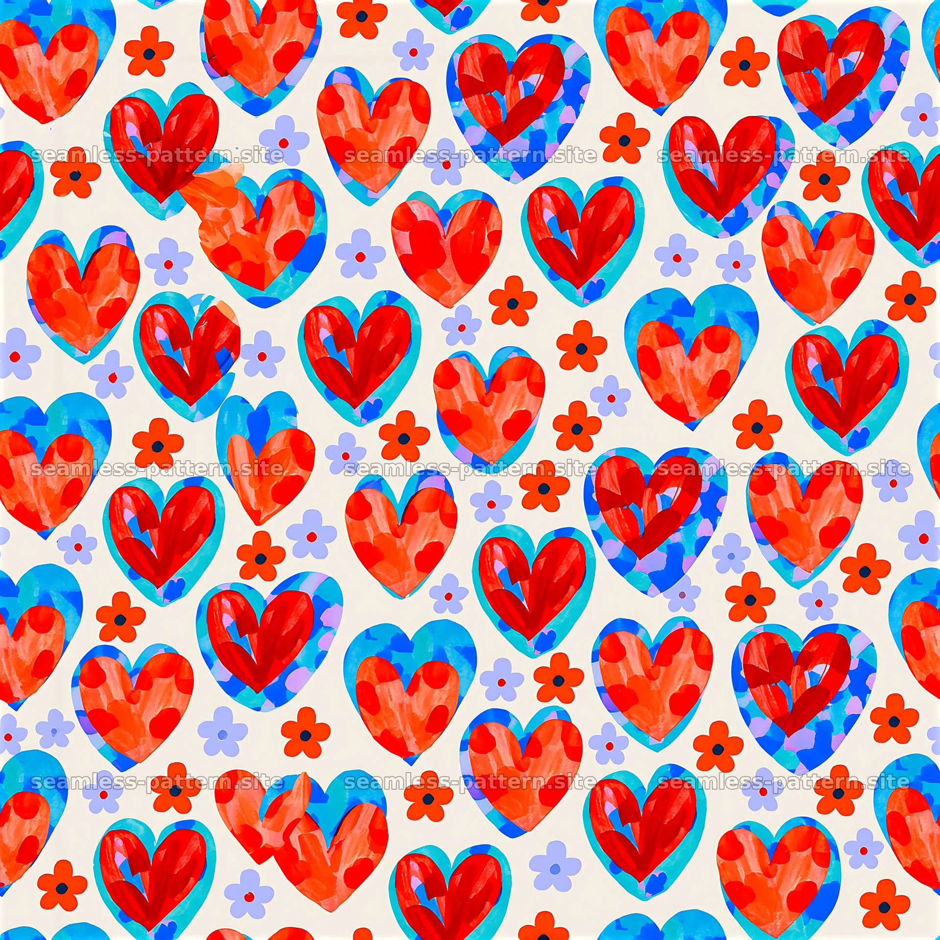 Colorful Hand Painted Hearts and Flowers Seamless Pattern — seamless tileable pattern at 8192x8192