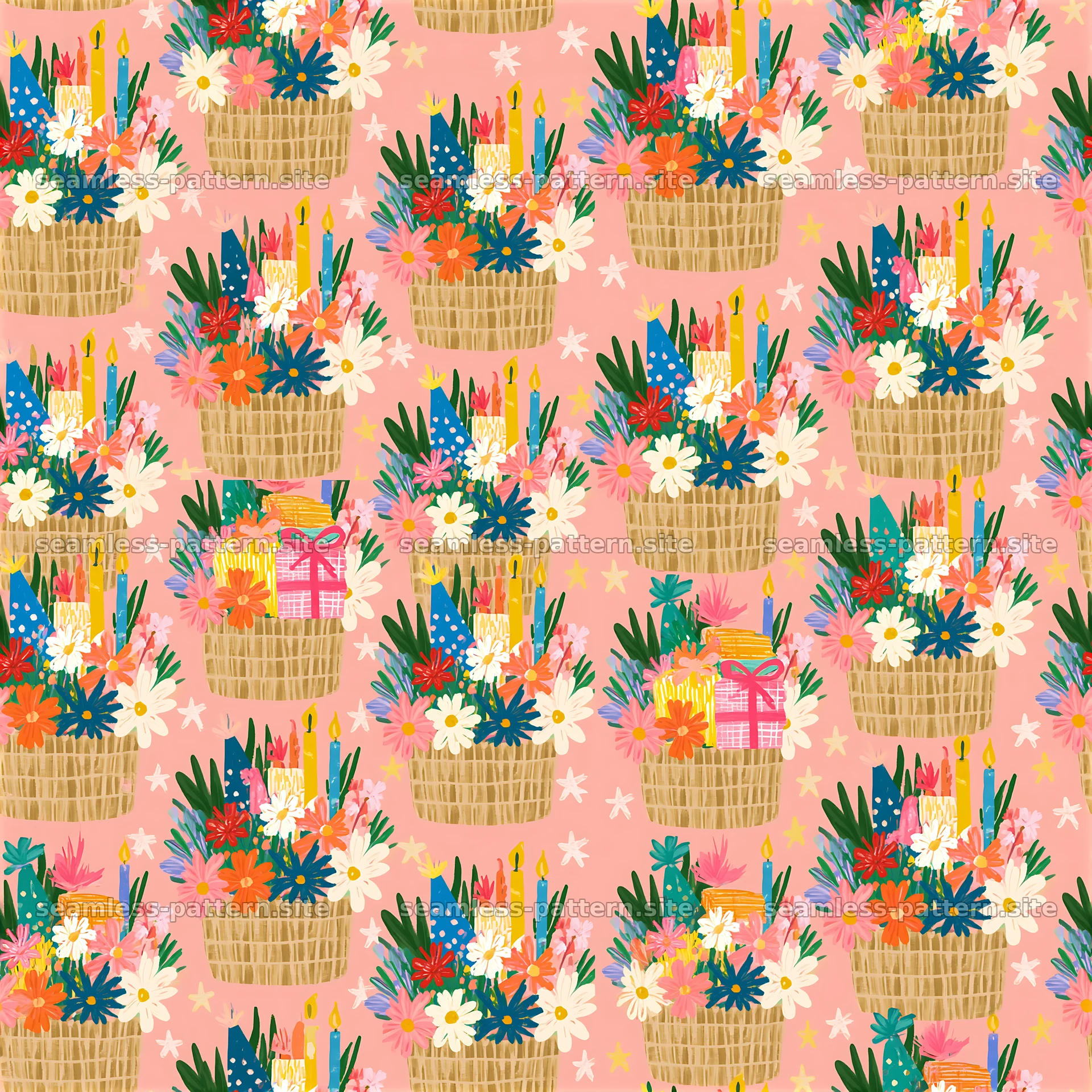 Repeat pattern with birthday gift baskets on a pink background — seamless tileable pattern at 8192x8192