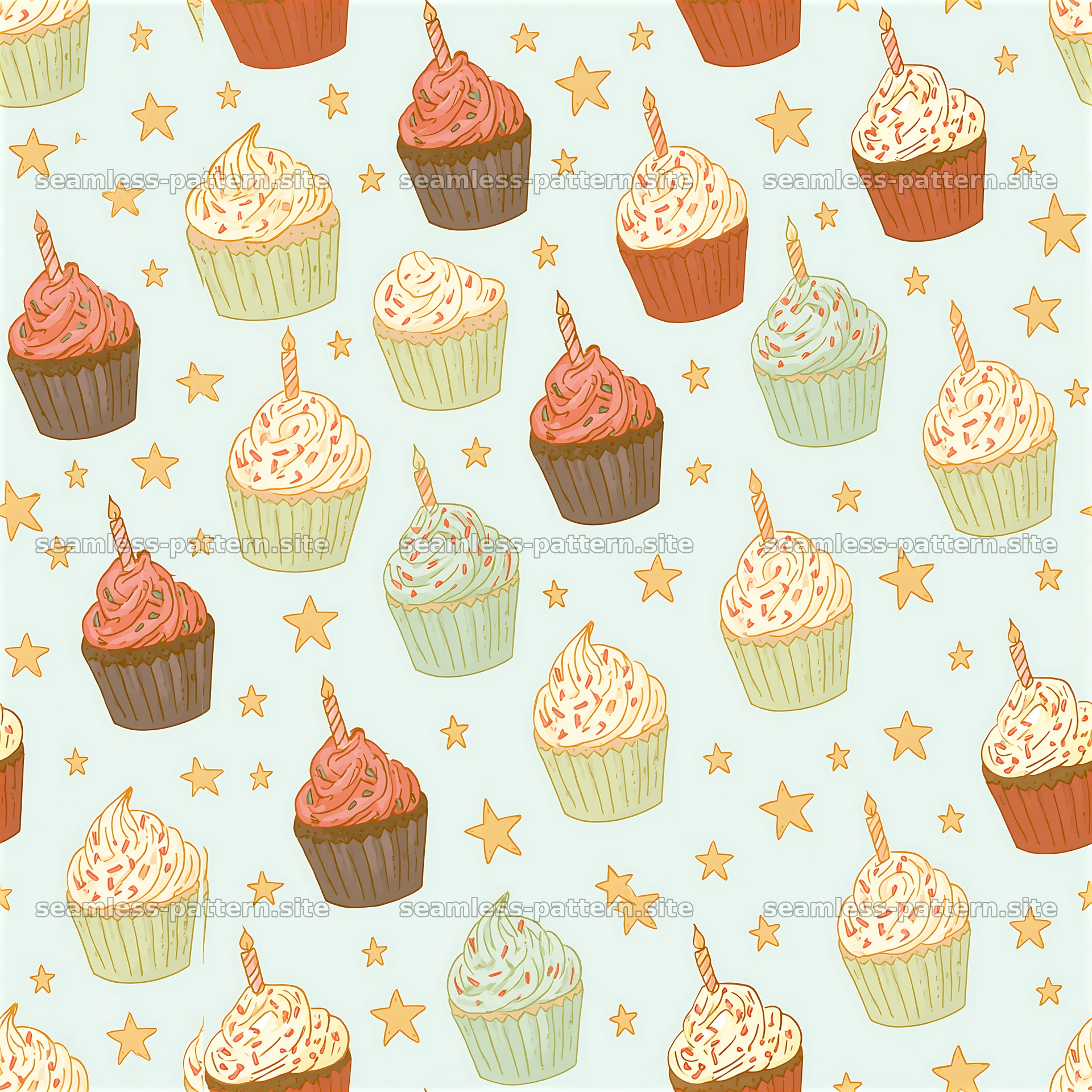 Birthday Cupcake and Star Seamless Pattern — seamless tileable pattern at 8192x8192