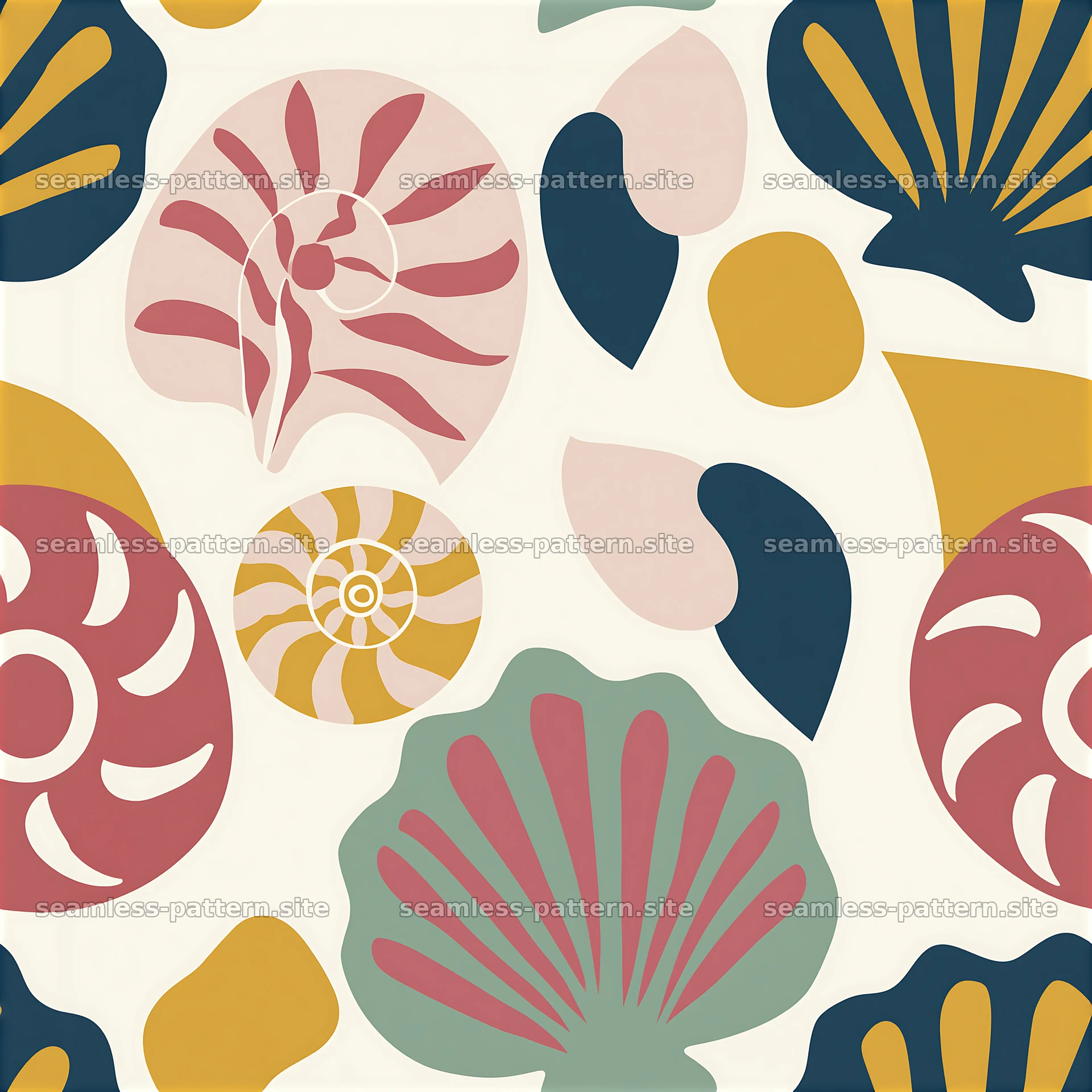 Funky shells seamless pattern with colorful shell shapes on light background — seamless tileable pattern at 8192x8192