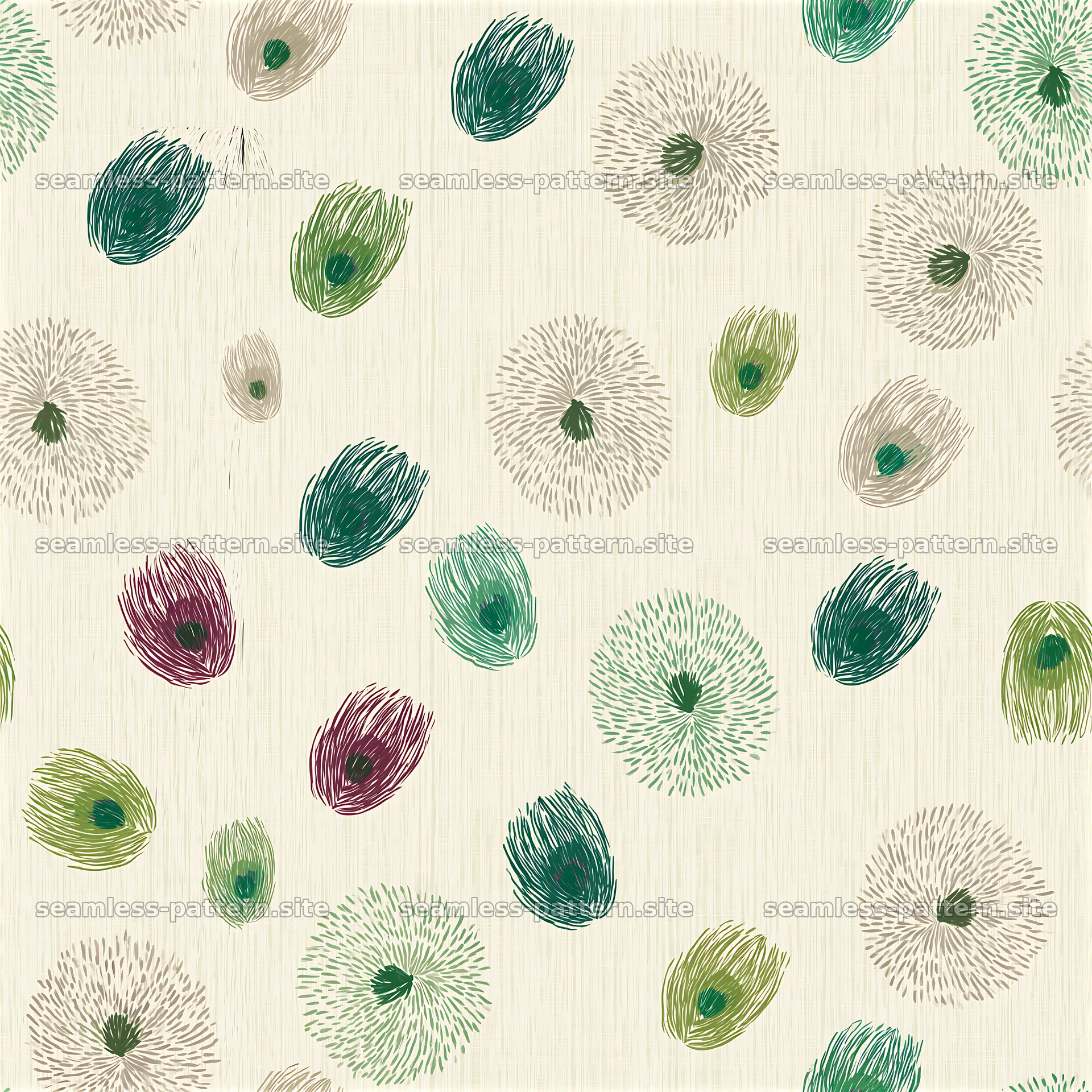 Colorful Peacock Feather and Floral Seamless Pattern — seamless tileable pattern at 8192x8192