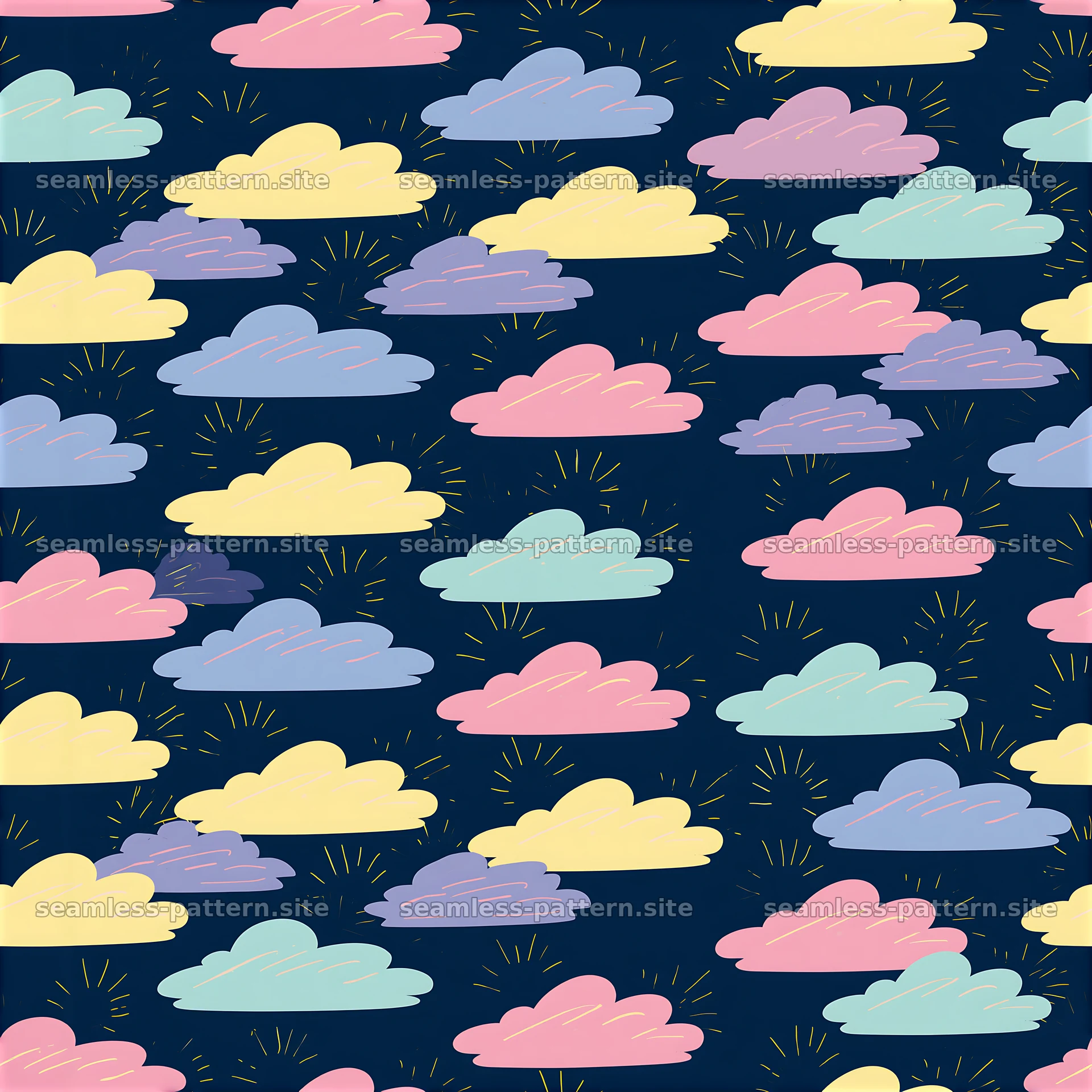 Colorful Cloud Seamless Pattern on Navy Background — seamless tileable pattern at 8192x8192