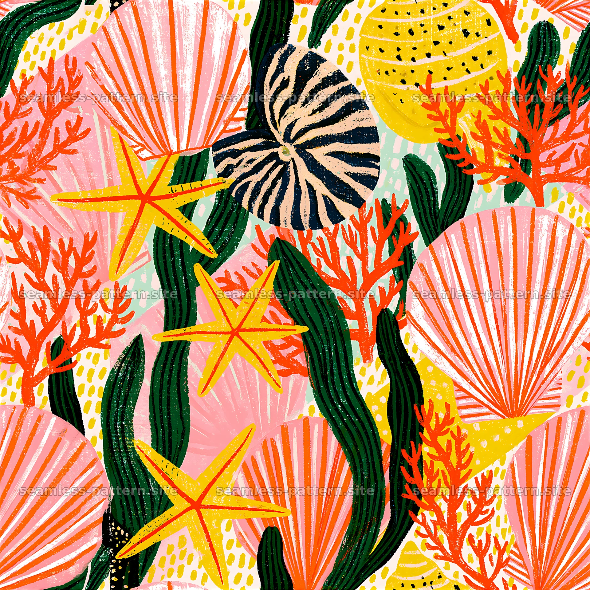 Bright shells and sea plants in a colorful seamless pattern — seamless tileable pattern at 8192x8192