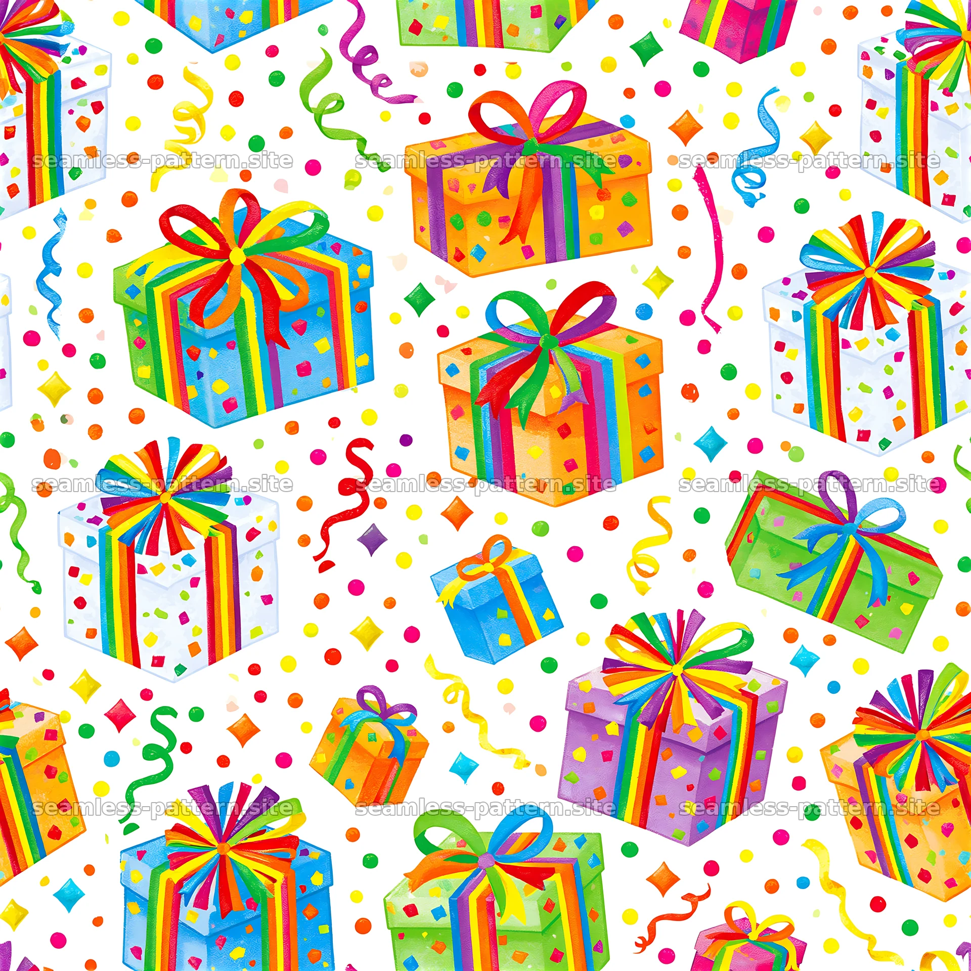 Tileable pattern with bright birthday parcels in various colors — seamless tileable pattern at 8192x8192