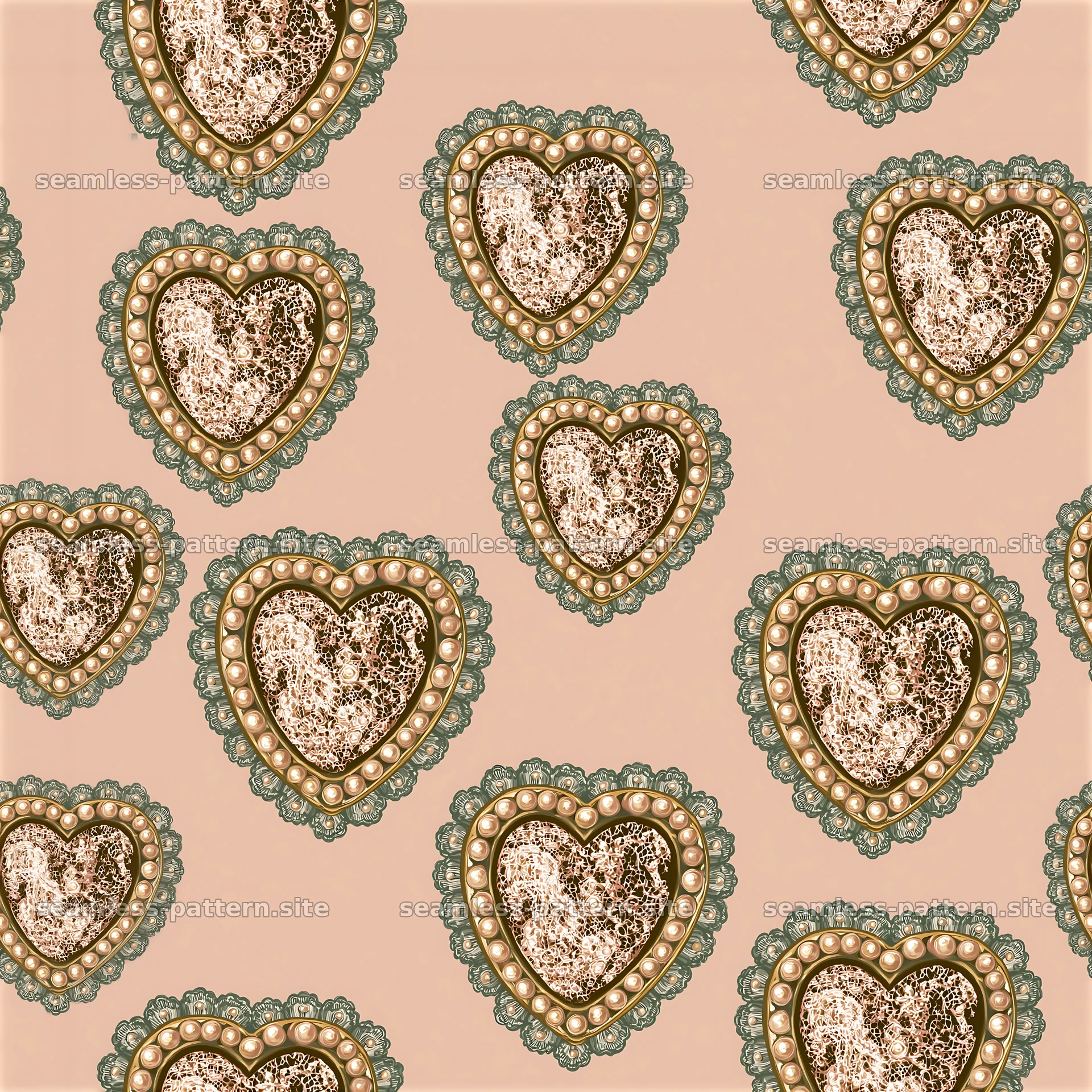 Seamless vintage heart pattern with gold and pearl details on soft background — seamless tileable pattern at 8192x8192