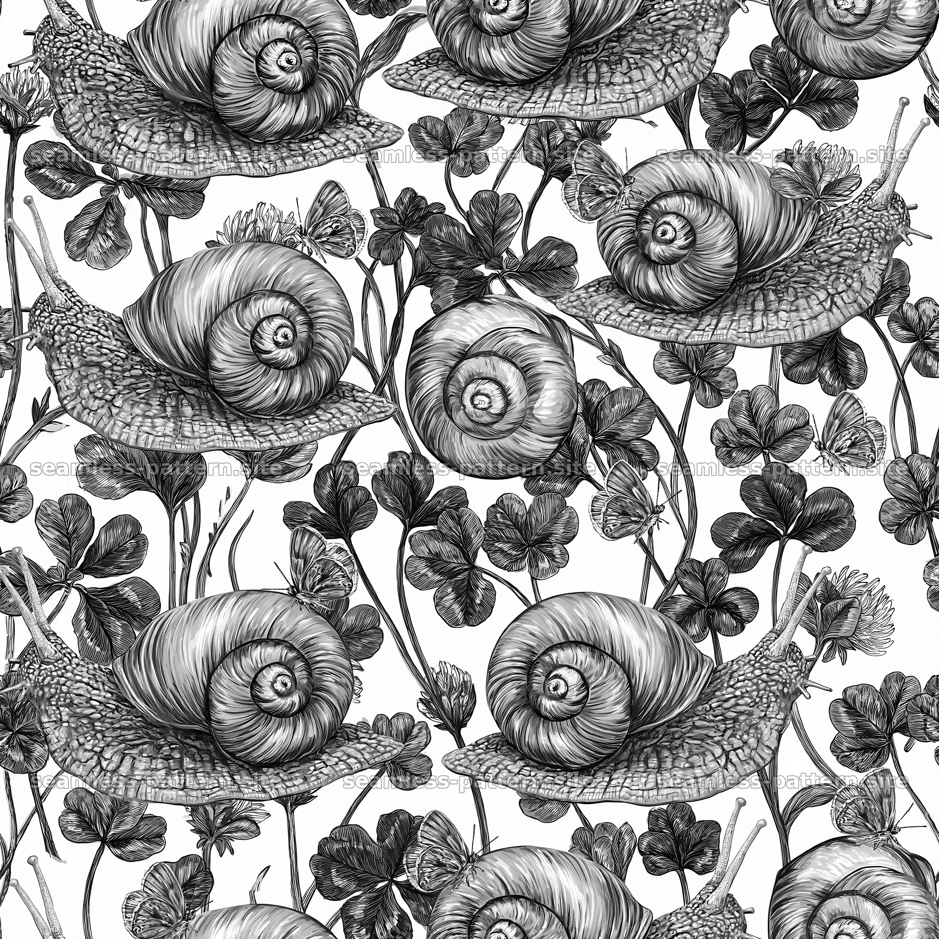 Red snail pattern with butterflies, repeating pattern — seamless tileable pattern