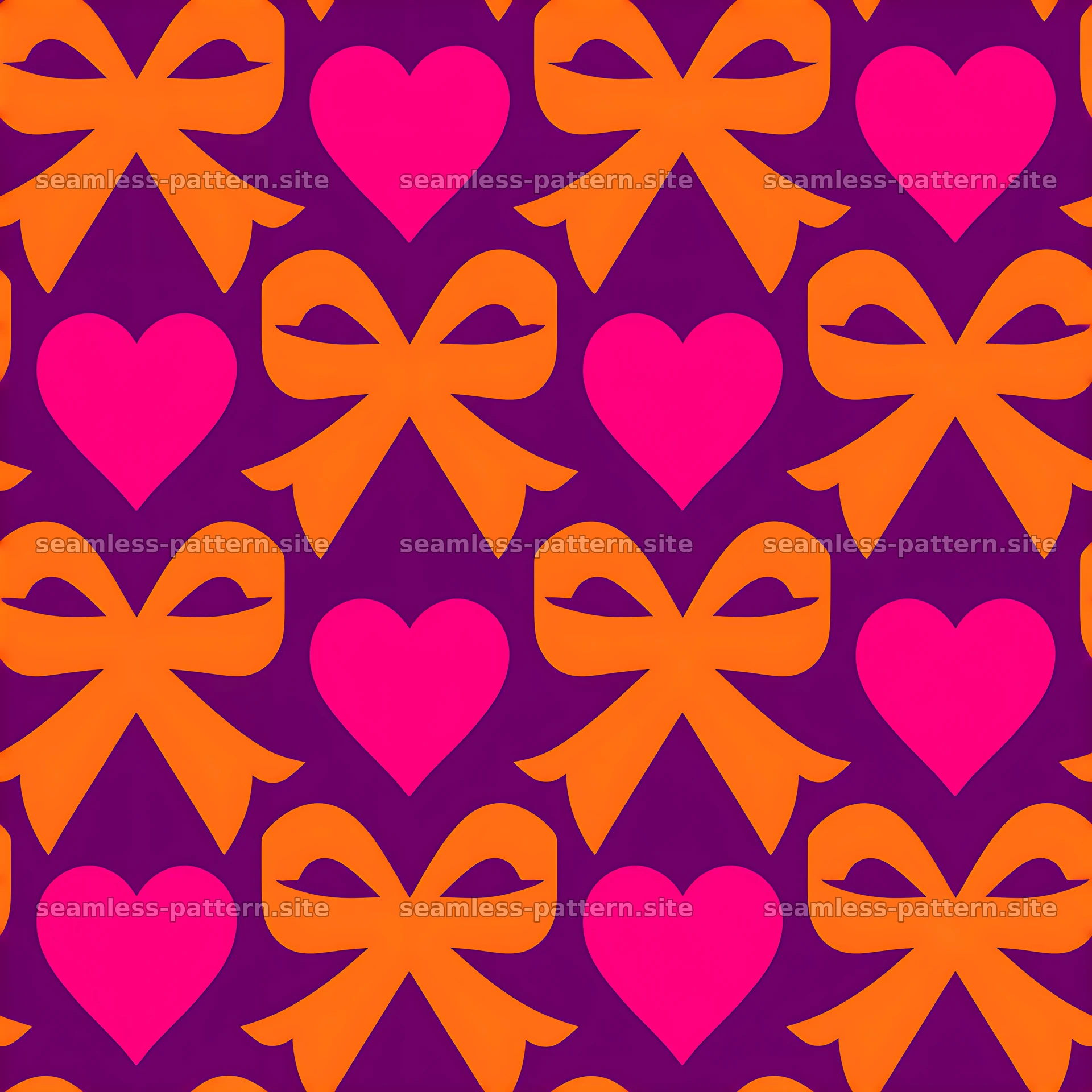 Seamless heart and ribbon pattern with bright colors on a purple background — seamless tileable pattern at 8192x8192