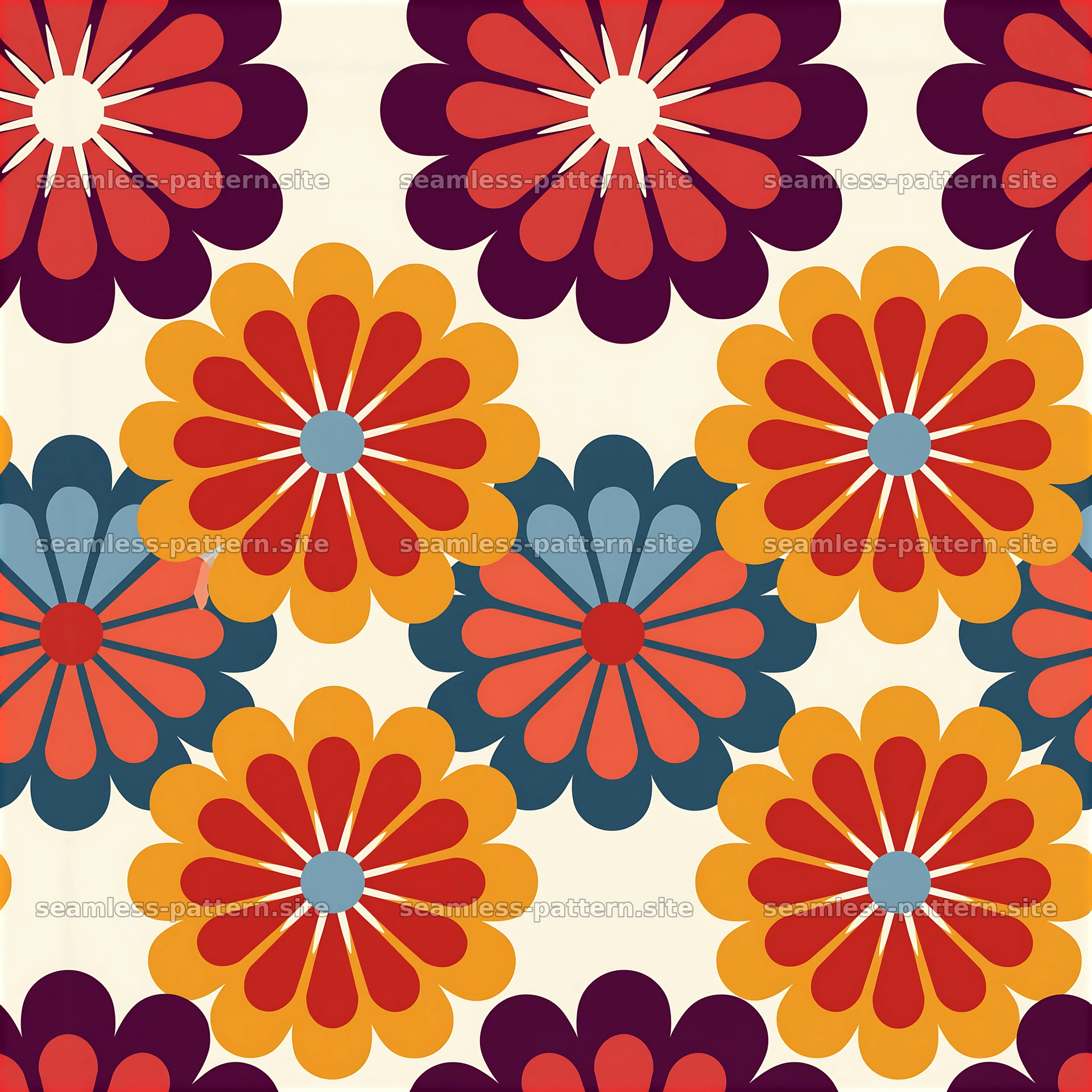 Retro flower seamless pattern with bright colors and bold shapes — seamless tileable pattern at 8192x8192
