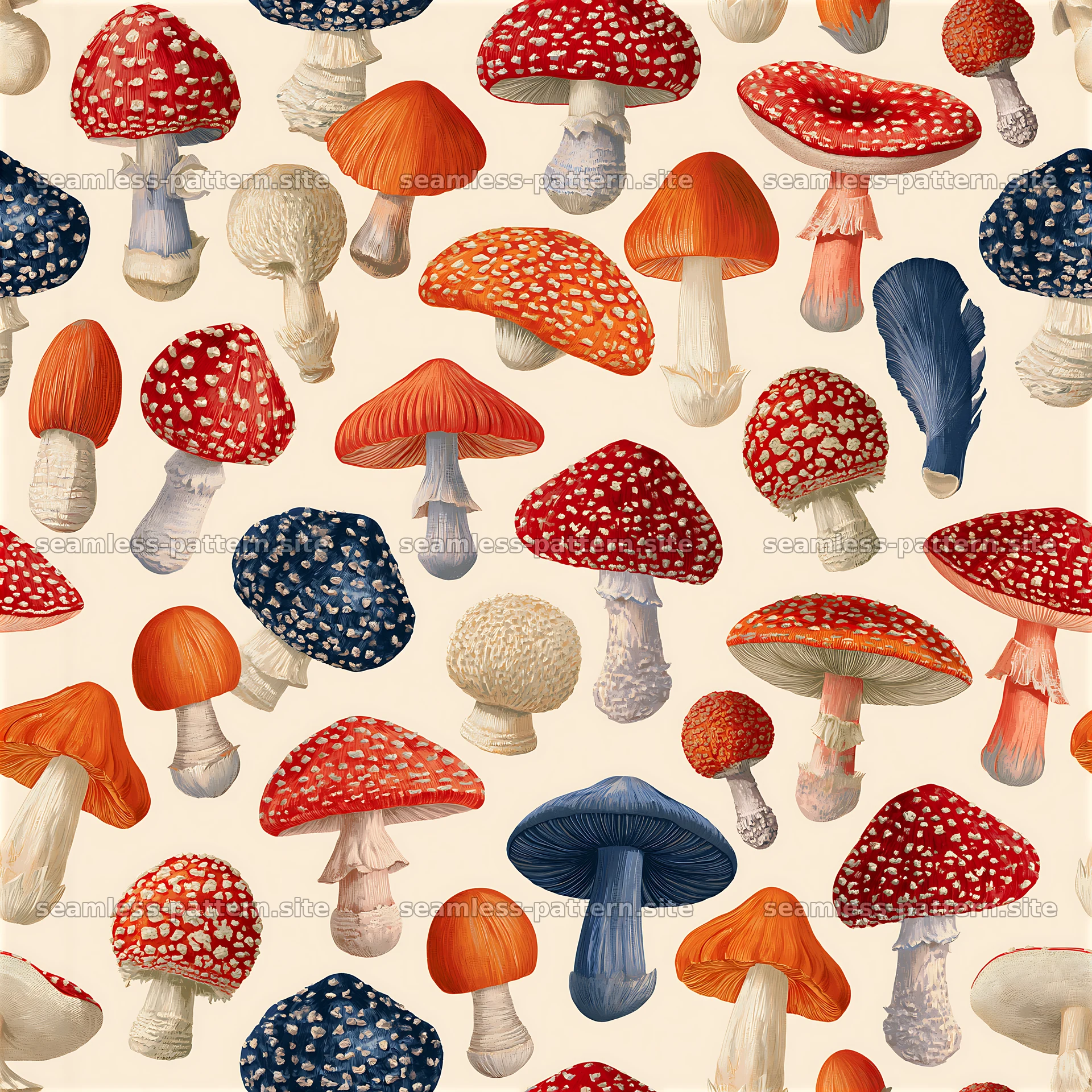 Colorful mushrooms in a seamless pattern for textile design — seamless tileable pattern at 8192x8192