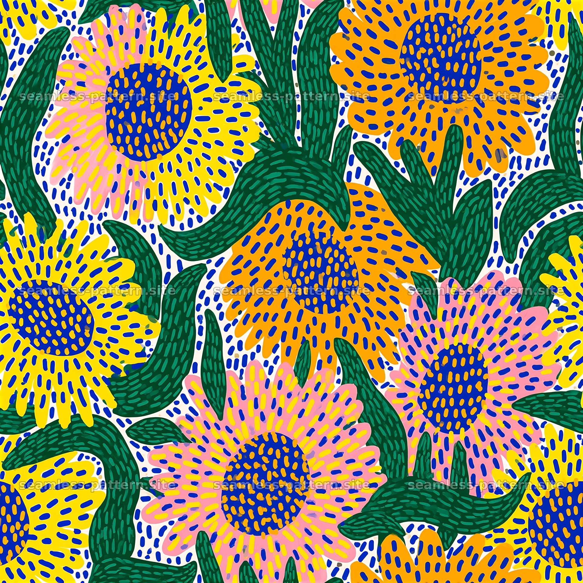 Bright flower design with a mix of sunflowers and green leaves — seamless tileable pattern at 8192x8192