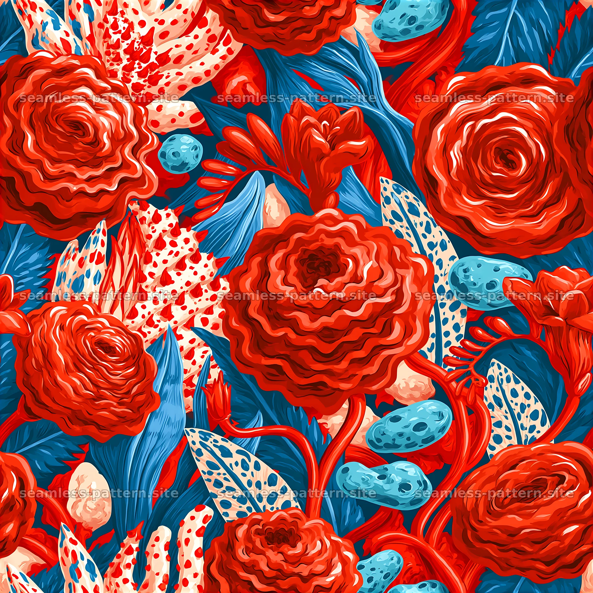 Bold red floral and blue botanical seamless pattern — seamless tileable pattern at 8192x8192