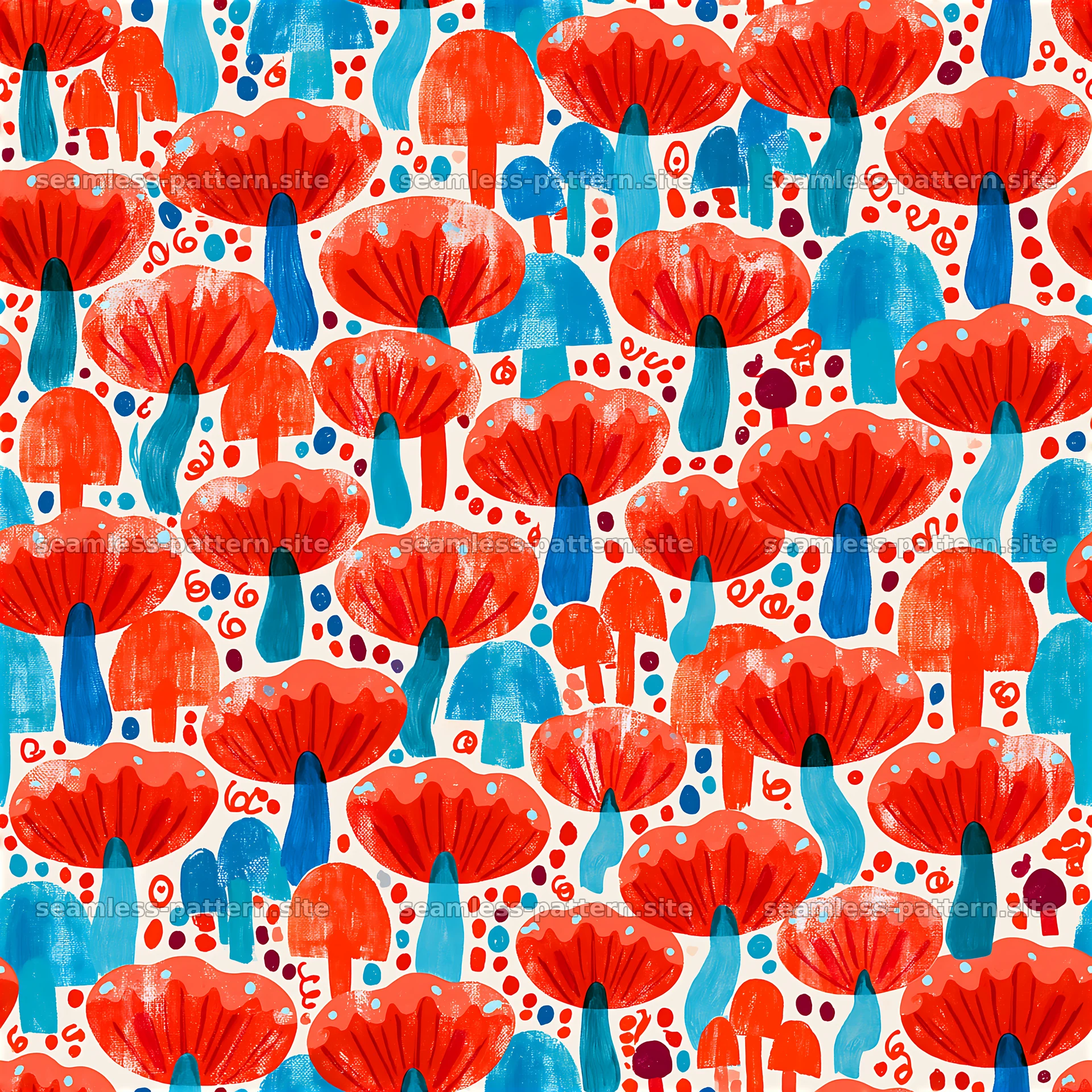 Funky mushrooms seamless pattern in red and blue — seamless tileable pattern at 8192x8192