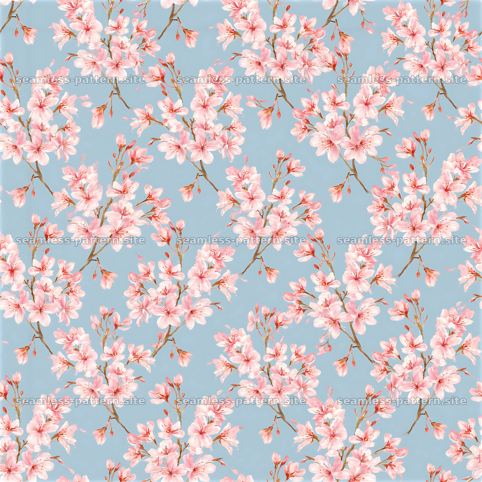 Seamless watercolor cherry blossom pattern with pink flowers on blue — seamless tileable pattern at 8192x8192