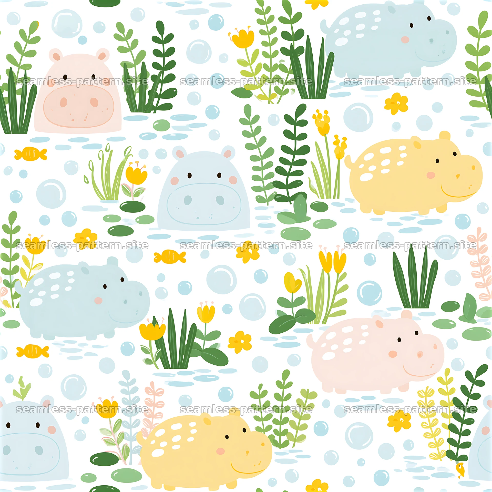 Cute hippos in water with plants seamless pattern design — seamless tileable pattern at 8192x8192