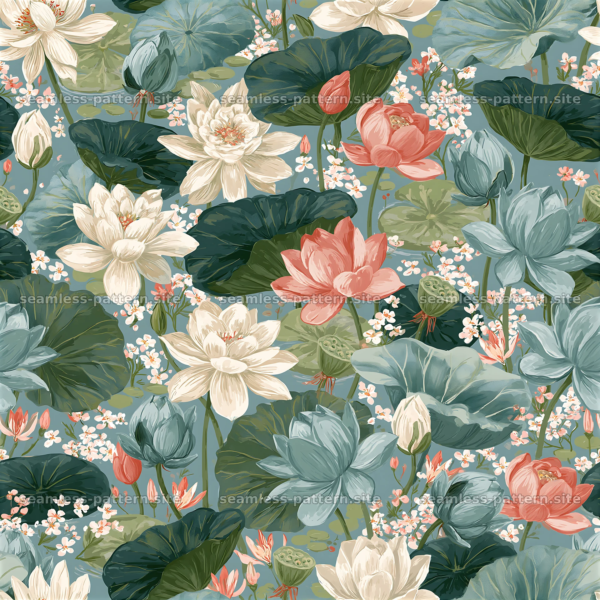 Dense floral repeat pattern with water lilies and green leaves — seamless tileable pattern at 8192x8192
