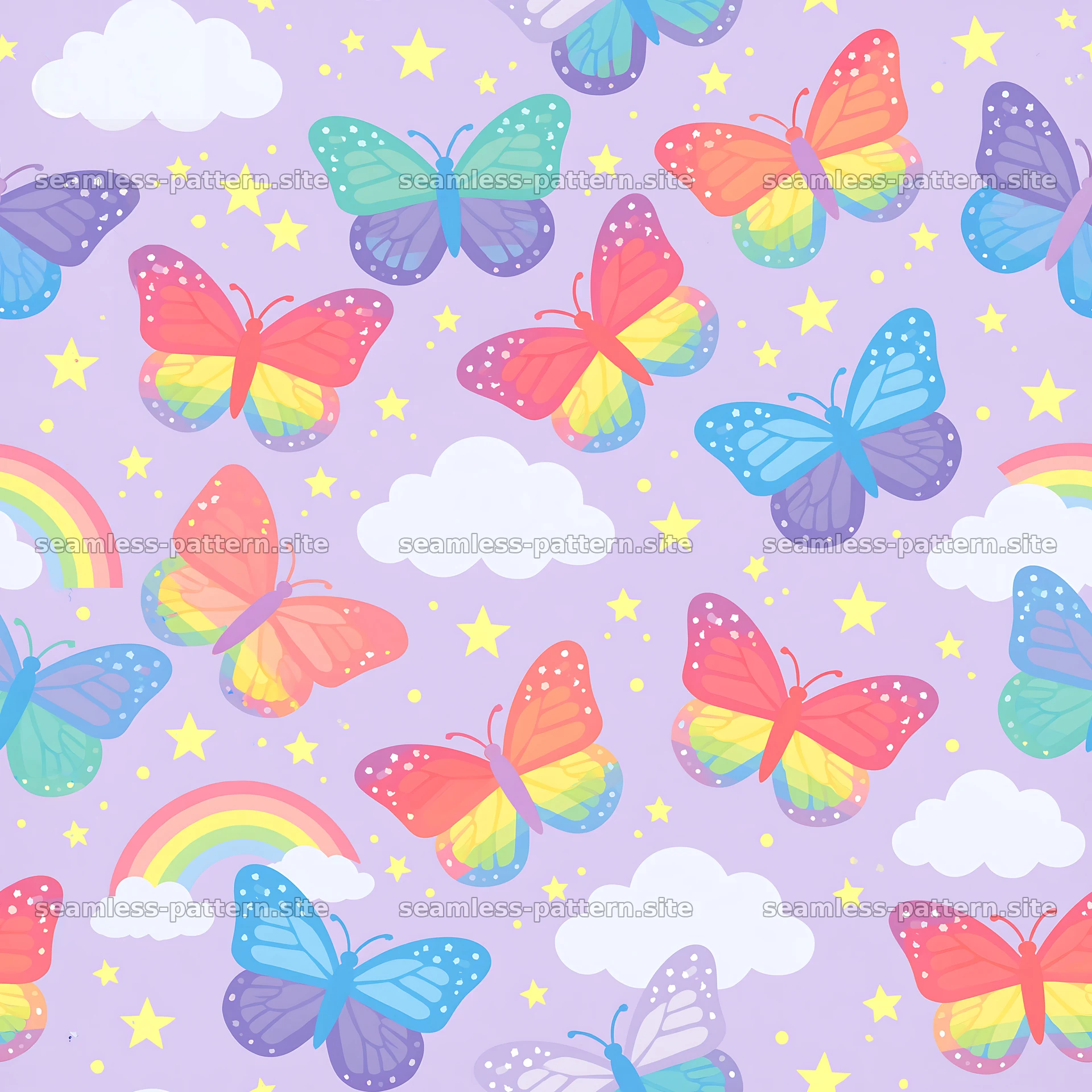 Kawaii butterfly seamless pattern with rainbow and cloud motifs — seamless tileable pattern