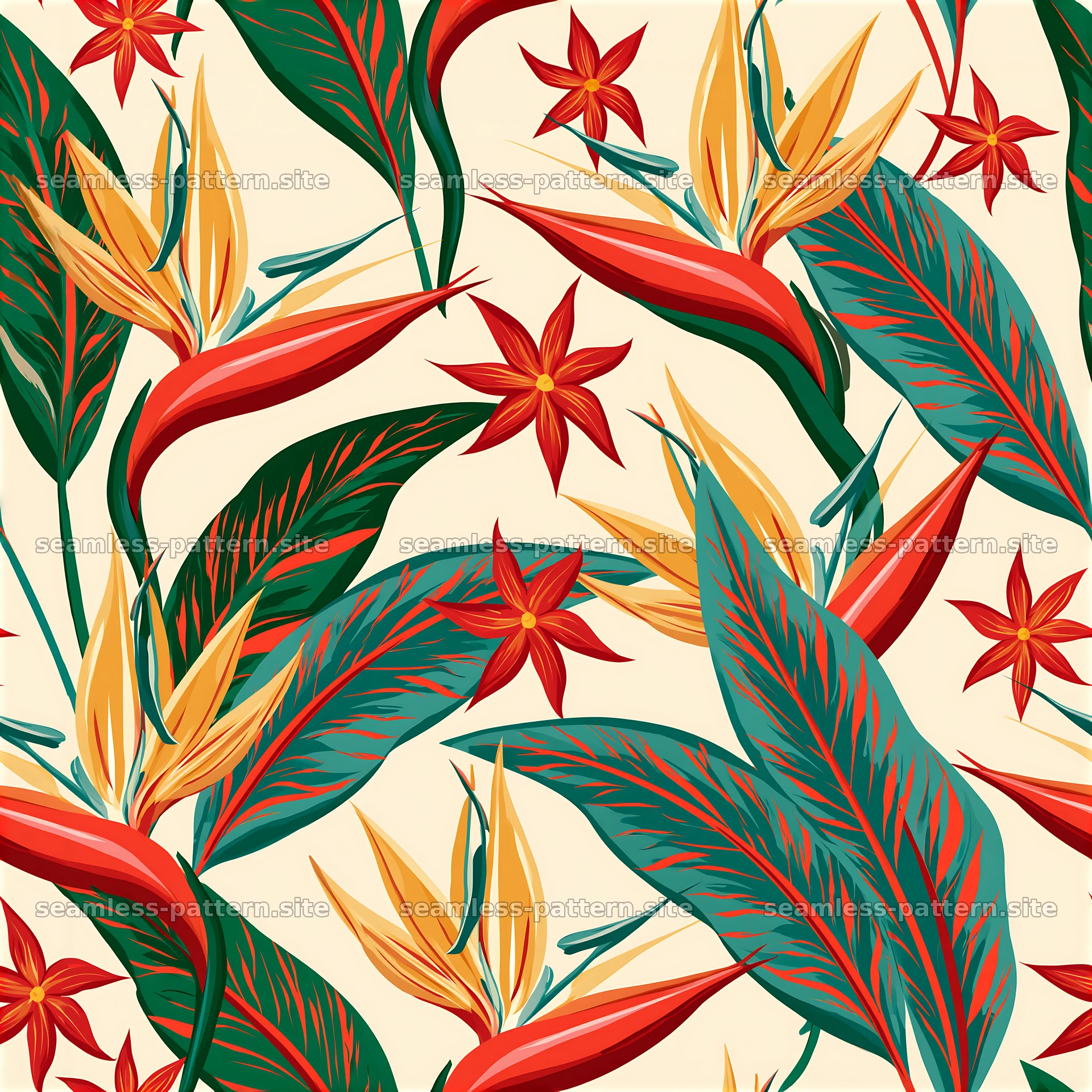 Tropical Bird of Paradise Flower and Leaf Pattern — seamless tileable pattern at 8192x8192