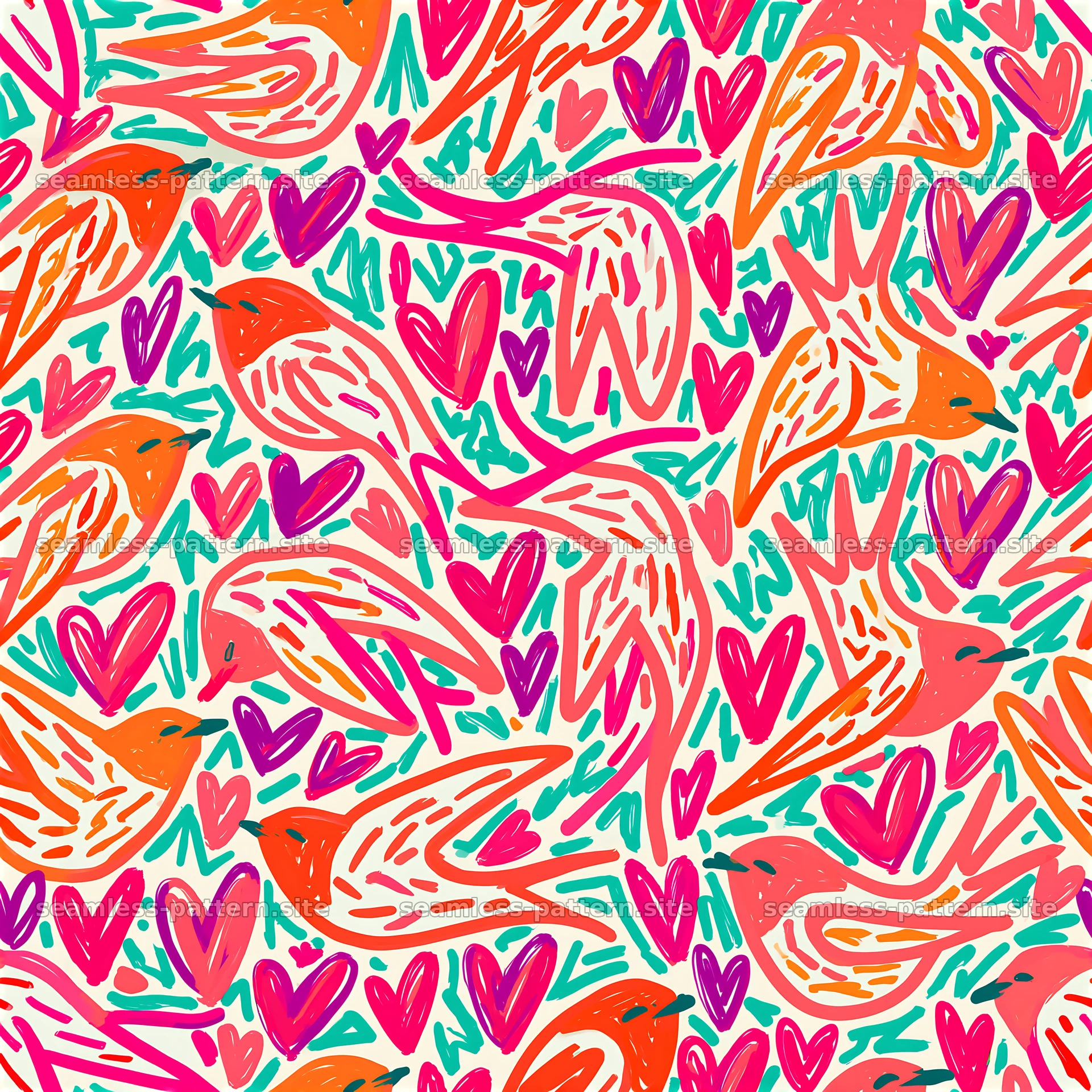 Colorful seamless heart and bird pattern with playful motifs — seamless tileable pattern at 8192x8192