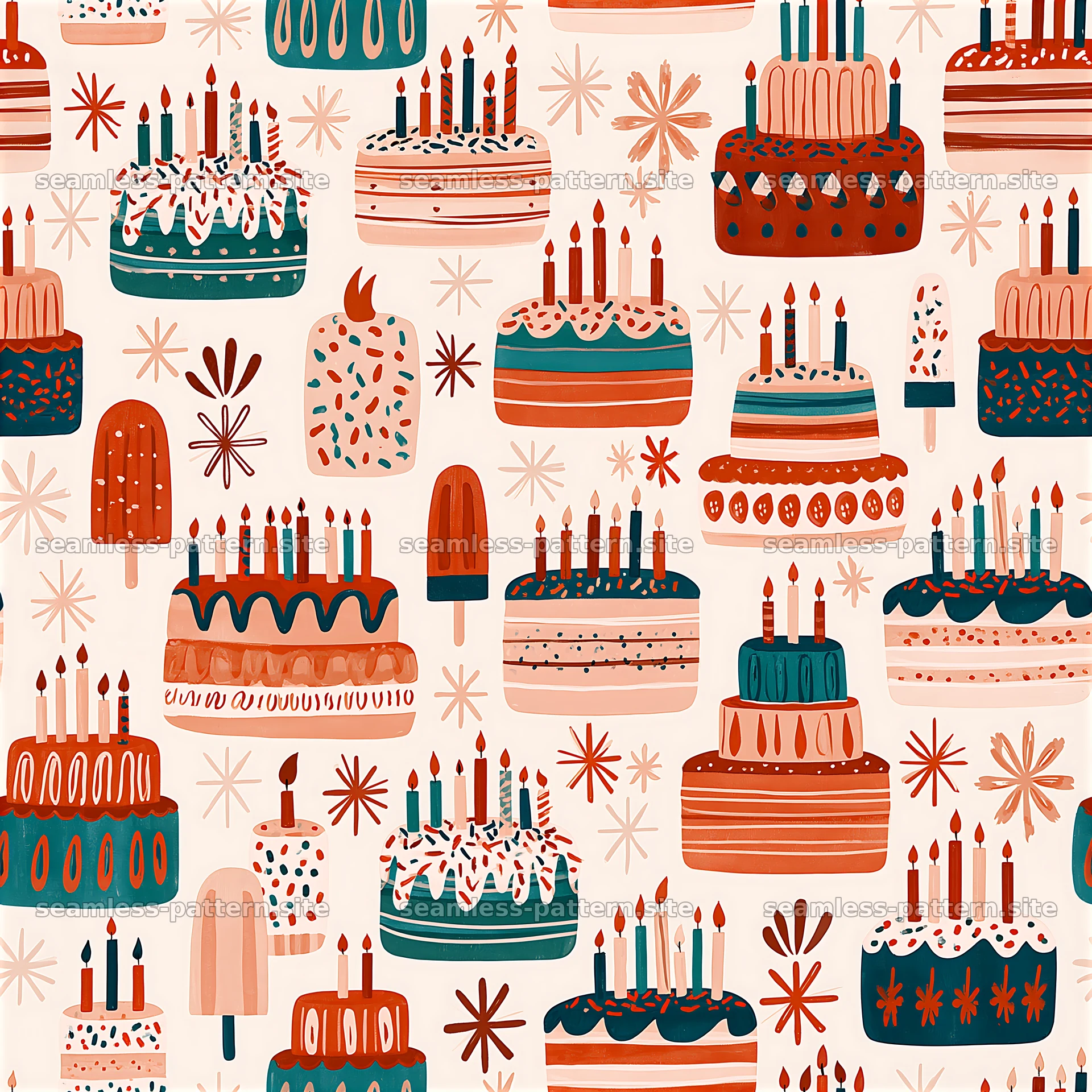Colorful birthday cake and ice cream seamless pattern — seamless tileable pattern at 8192x8192