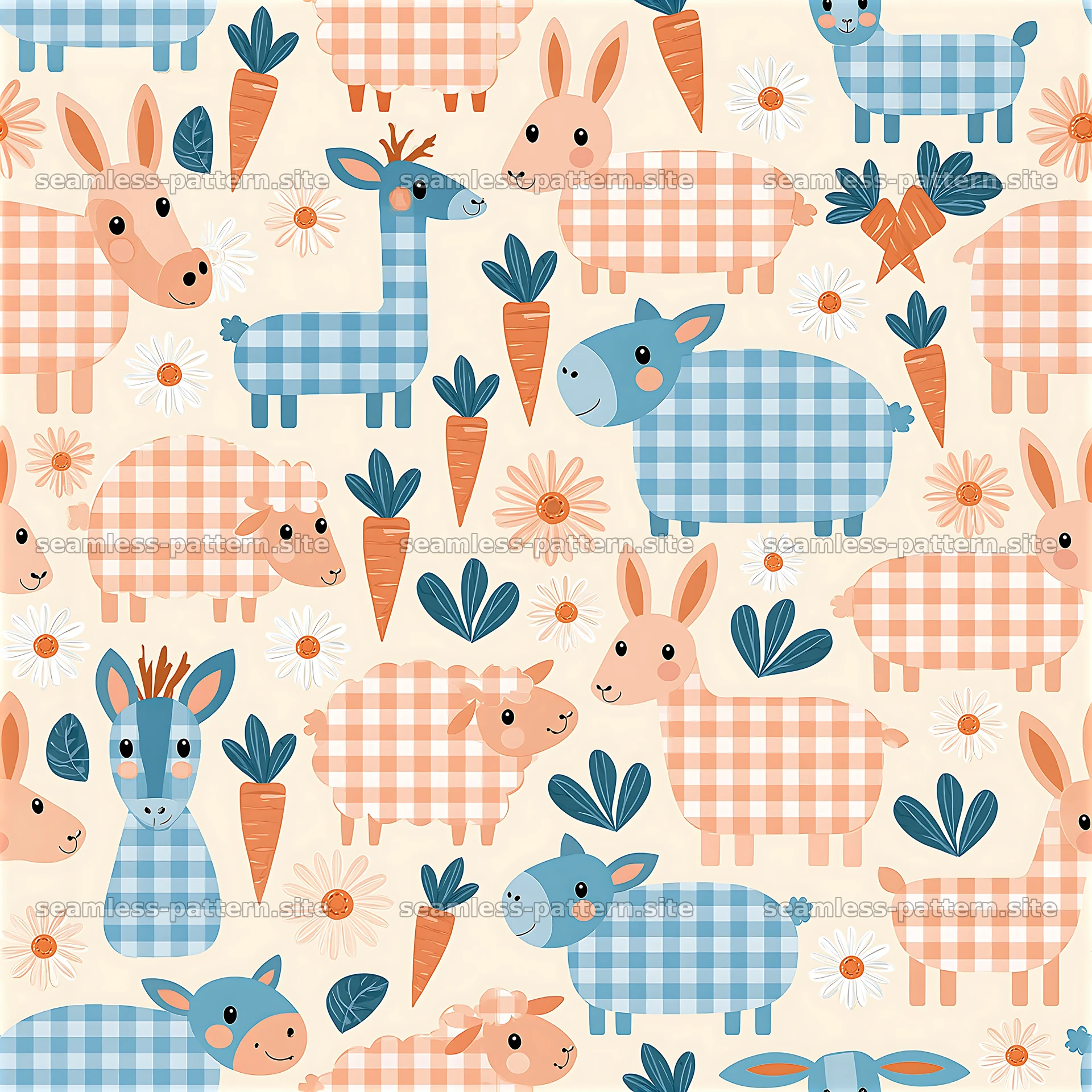 Animals in gingham pattern with carrots and flowers — seamless tileable pattern at 8192x8192