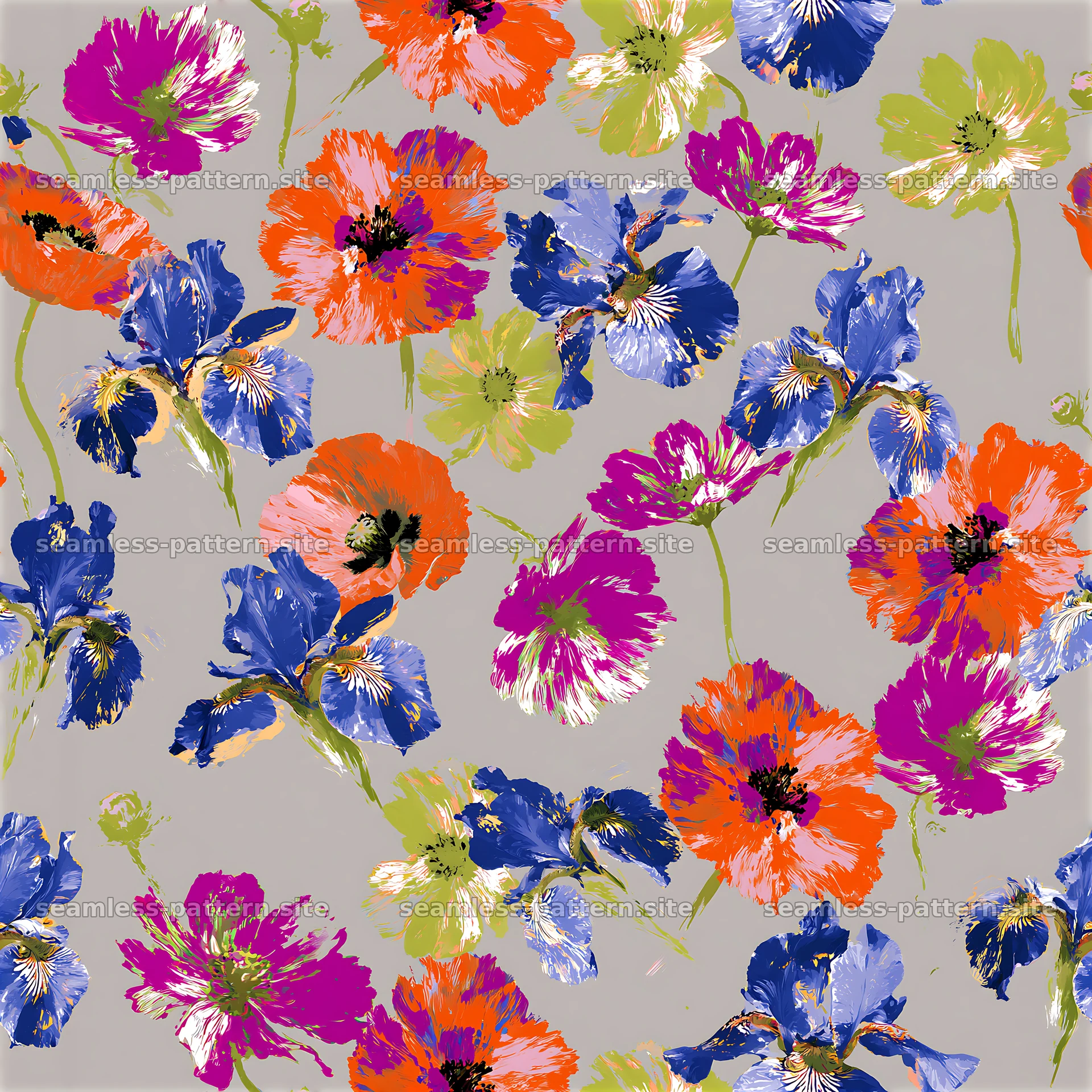 Vibrant floral pattern on a gray background — seamless tileable pattern at 8192x8192