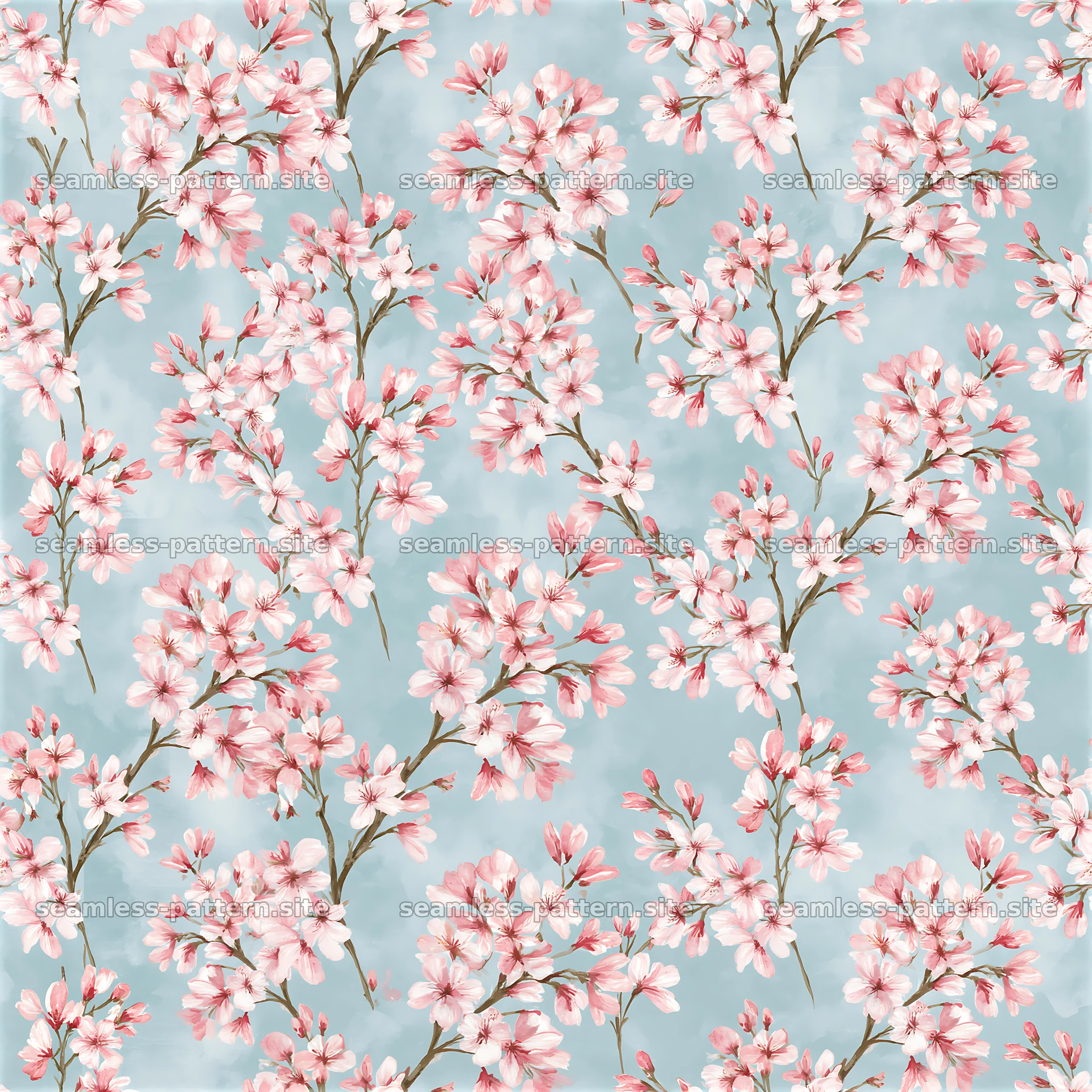 Seamless watercolor cherry blossom pattern on light blue background — seamless tileable pattern at 8192x8192