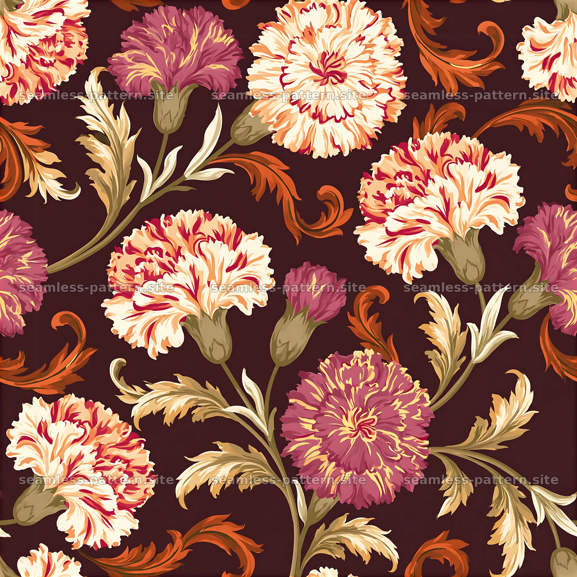 Bold floral seamless pattern with vibrant flowers on dark background — seamless tileable pattern at 8192x8192