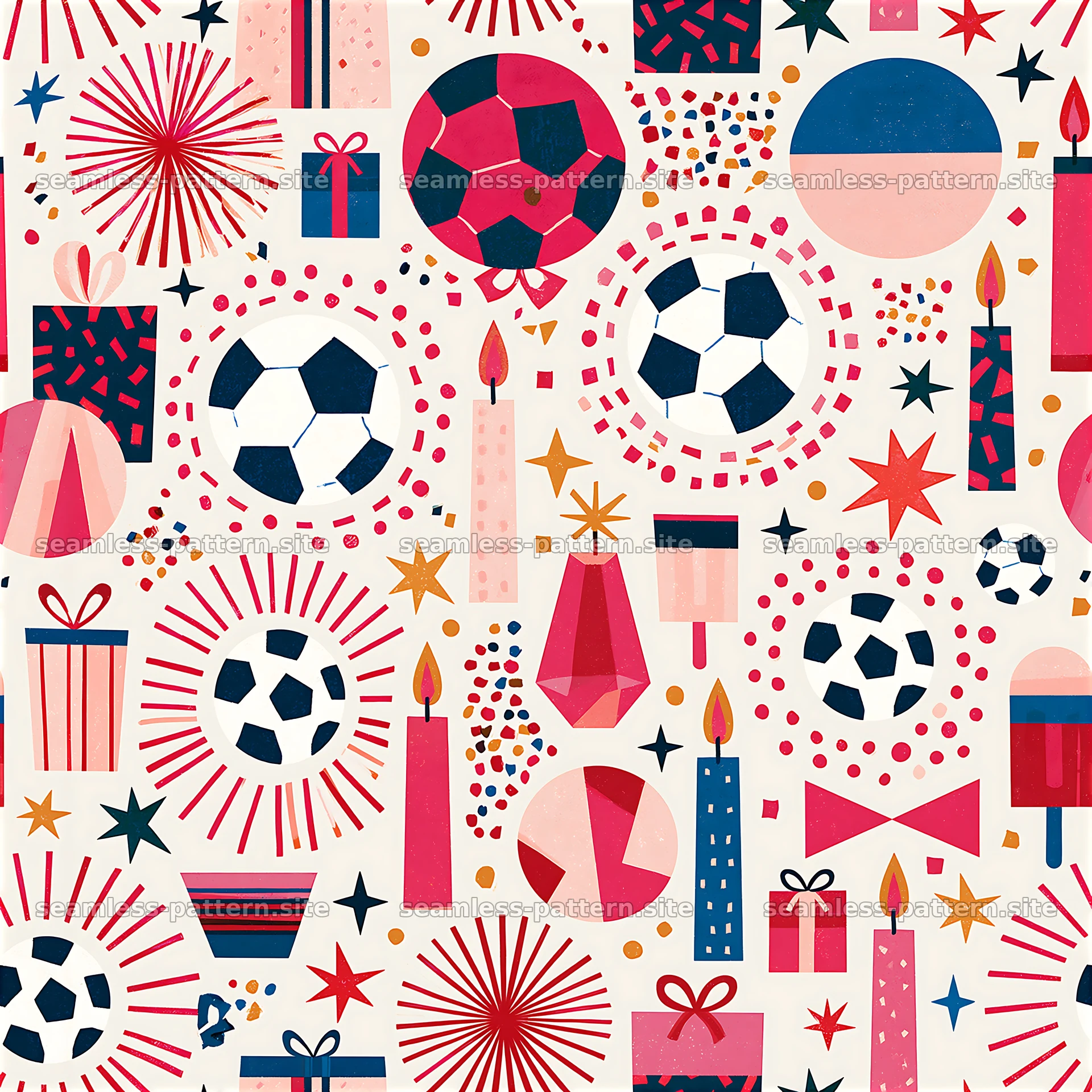Colorful pattern featuring soccer balls, gifts, and candles — seamless tileable pattern at 8192x8192