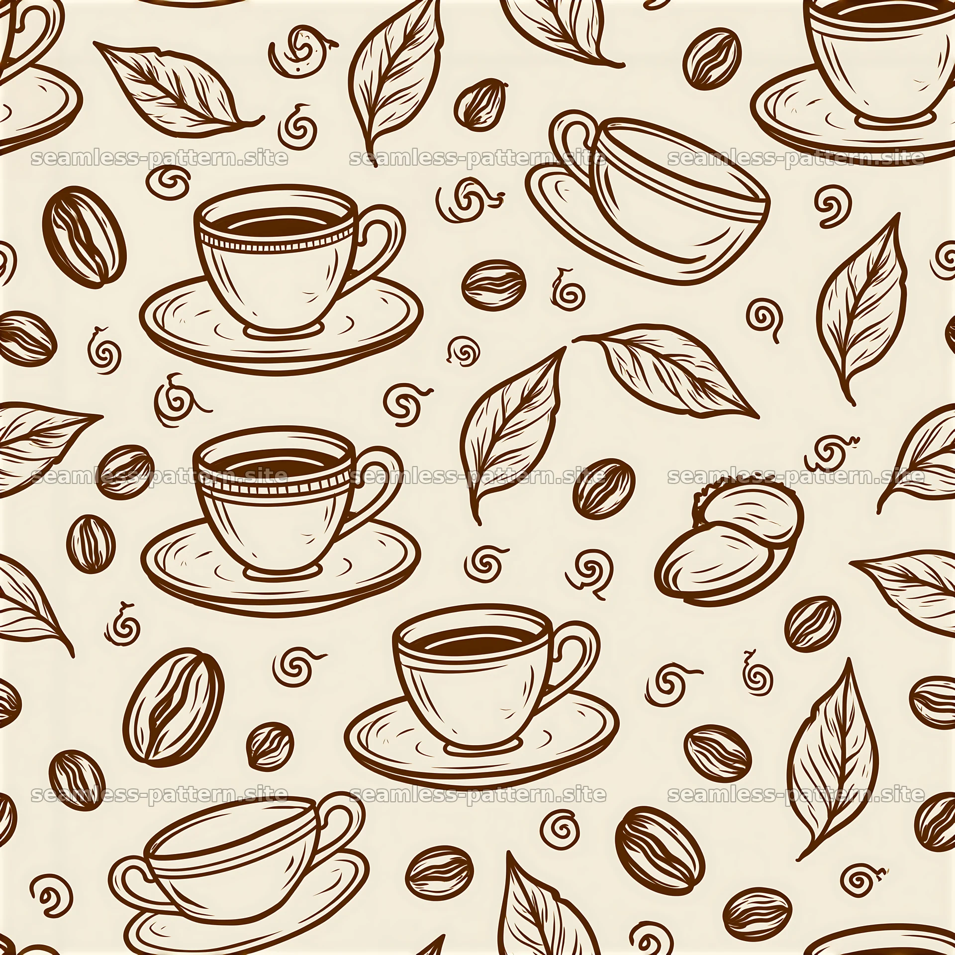 Brown line art coffee seamless pattern with cups and leaves — seamless tileable pattern at 8192x8192
