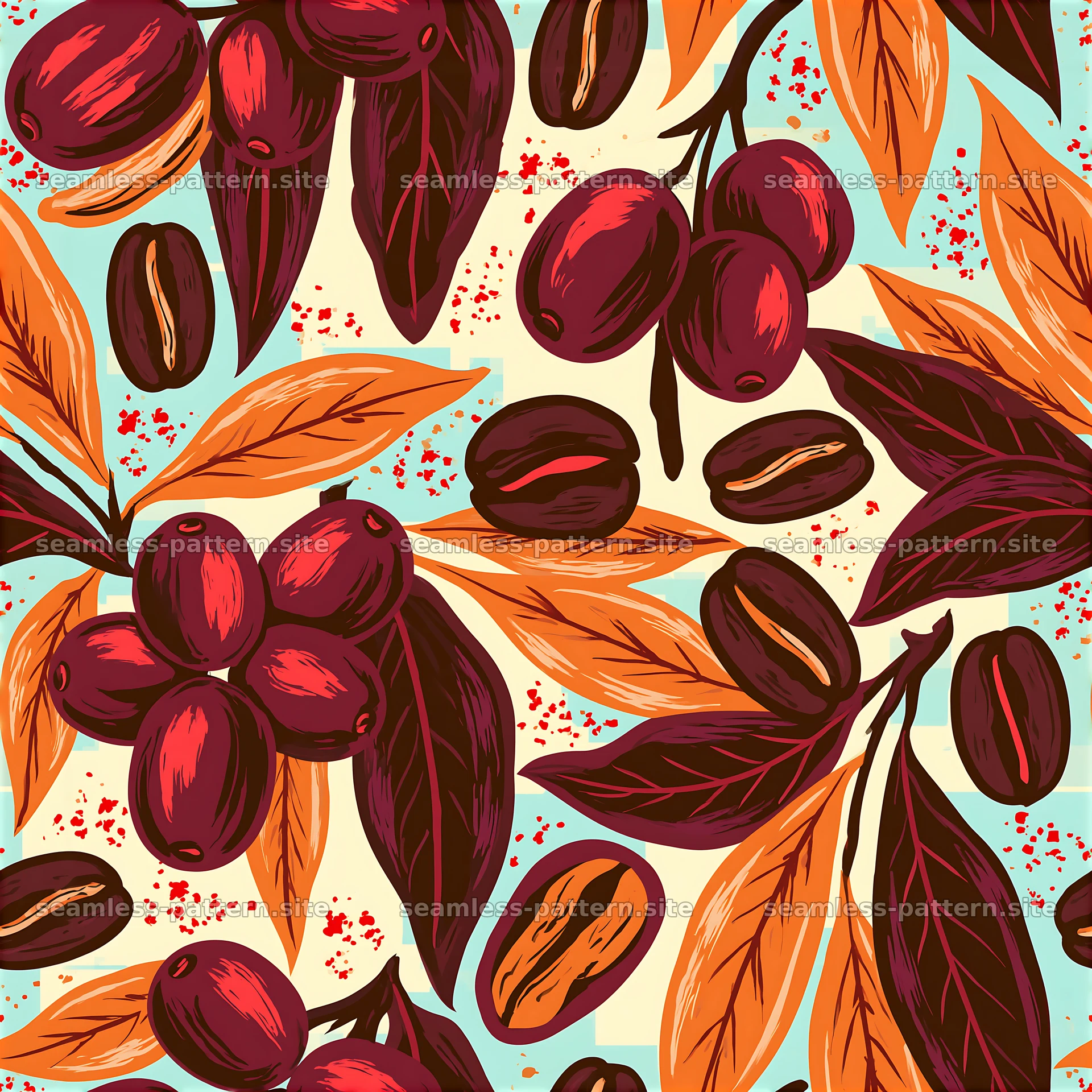 Seamless coffee packaging pattern with coffee beans and leaves — seamless tileable pattern at 8192x8192