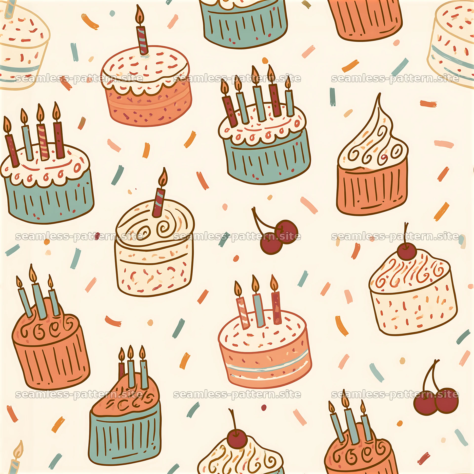 Birthday Cake and Candle Doodle Seamless Pattern — seamless tileable pattern at 8192x8192