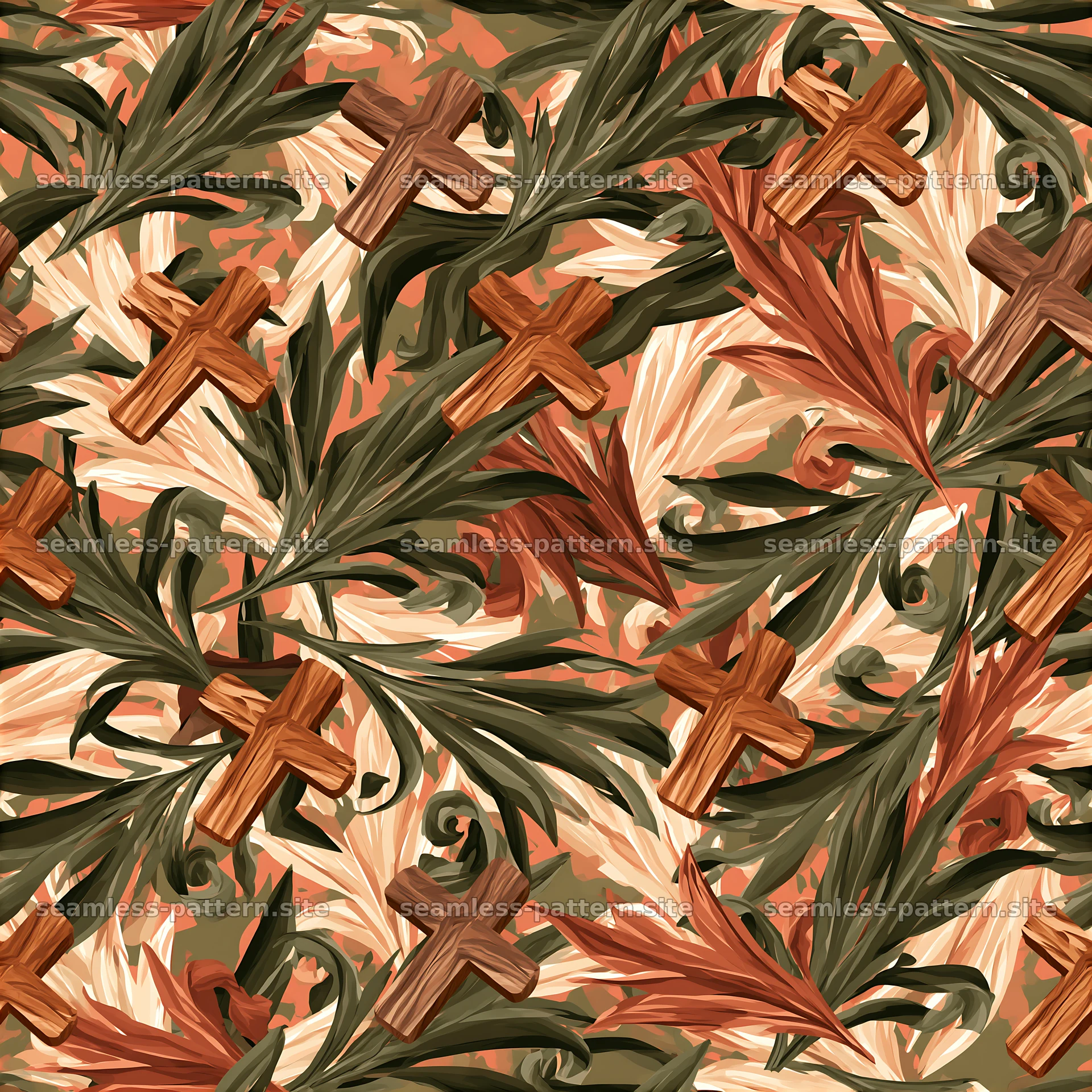 Wooden Crosses and Tropical Leaves Seamless Pattern — seamless tileable pattern at 8192x8192