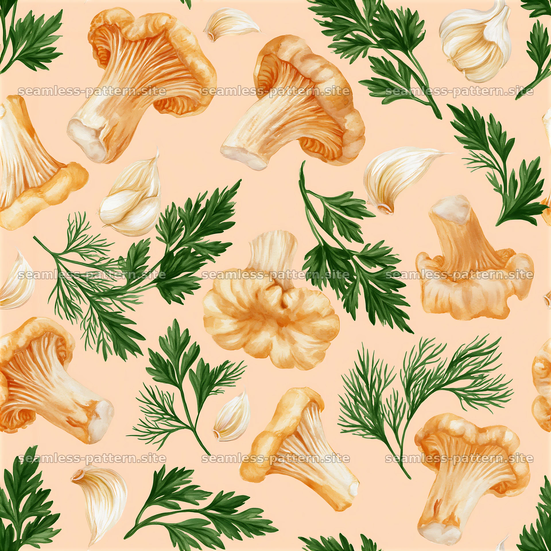 Seamless mushroom topping pattern with herbs and garlic elements — seamless tileable pattern at 8192x8192