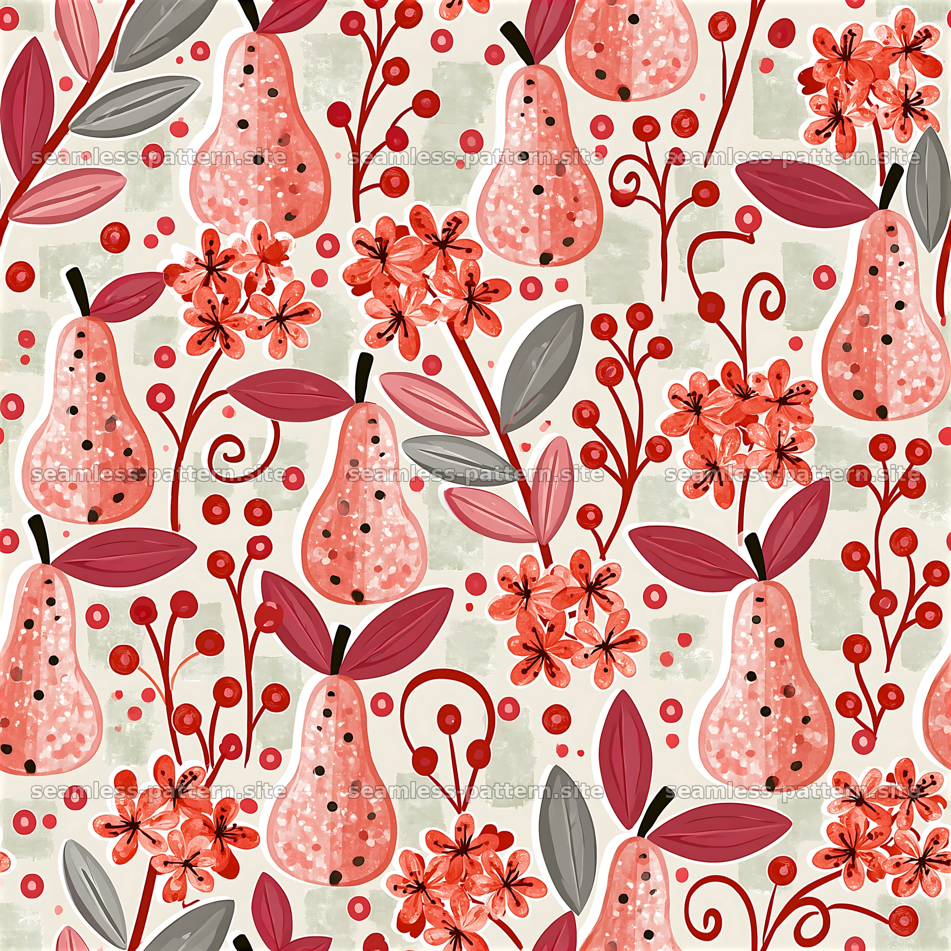 Colorful Watercolor Pear and Floral Seamless Pattern — seamless tileable pattern at 8192x8192