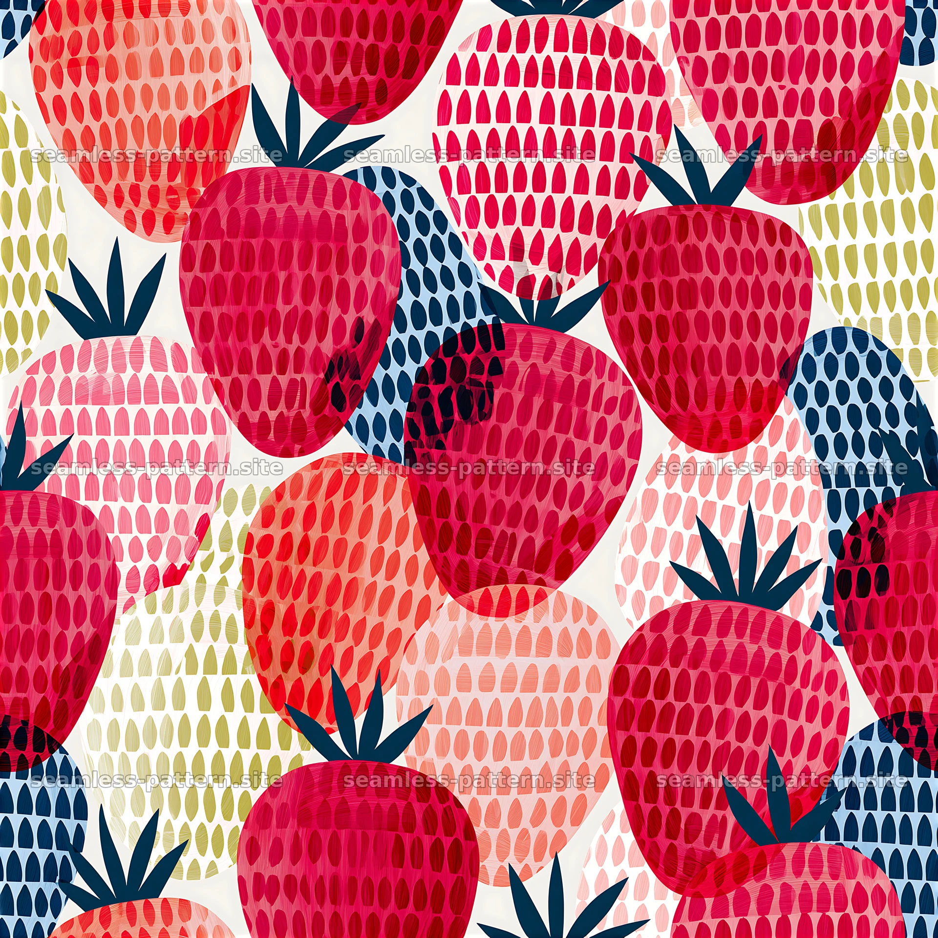Colorful Strawberry Seamless Pattern with Abstract Seeds — seamless tileable pattern at 8192x8192