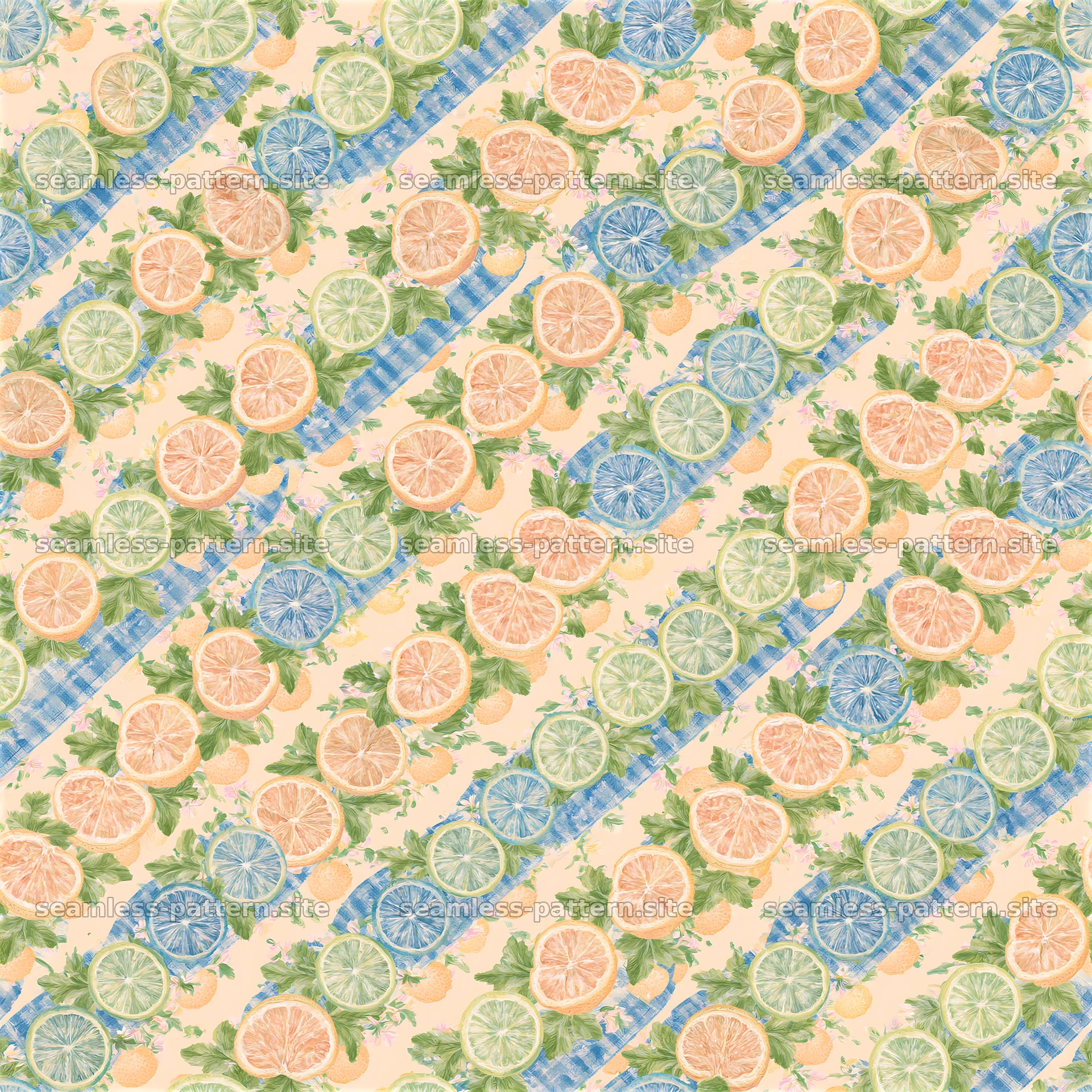 Lemon and lime slices with blue stripes and green leaves — seamless tileable pattern at 8192x8192