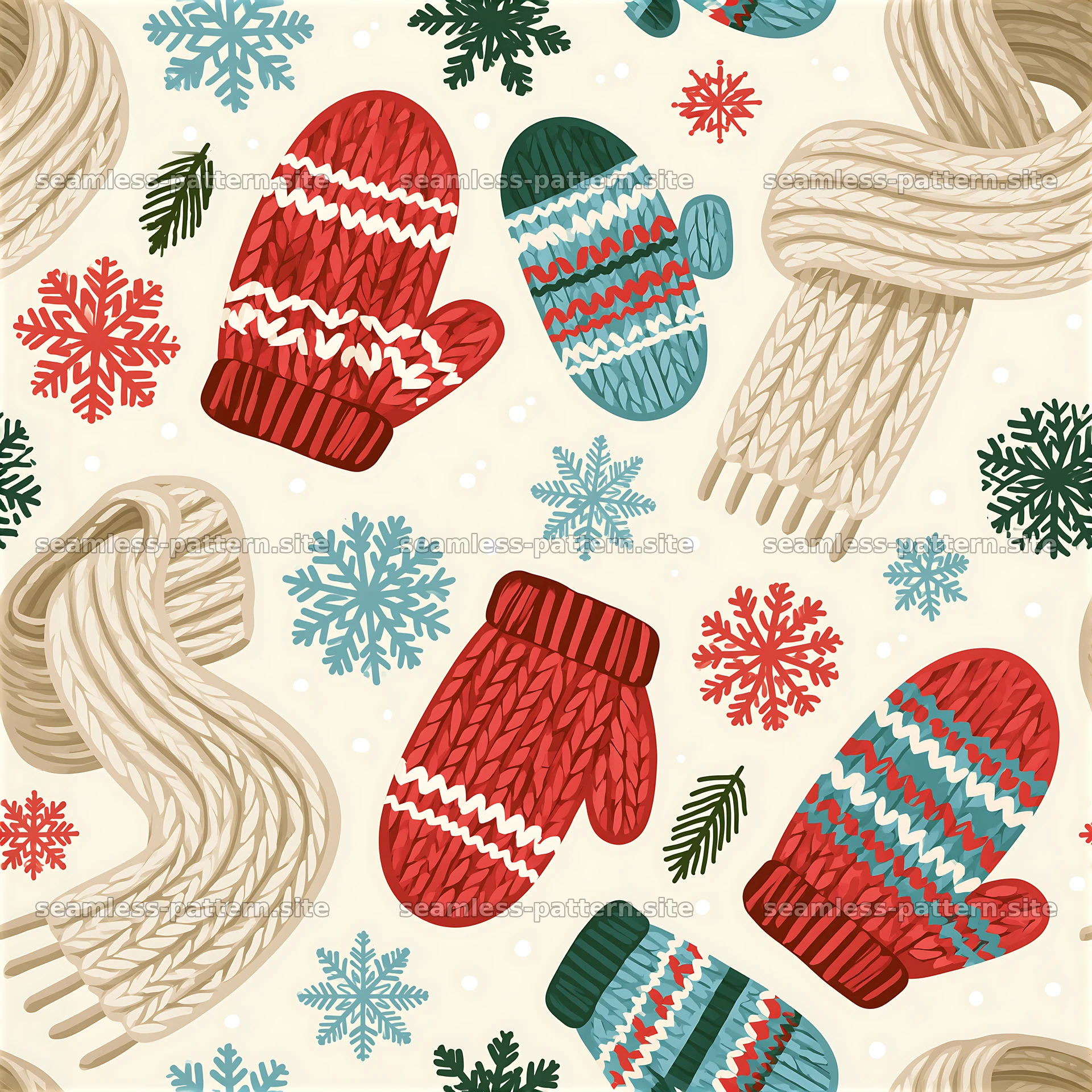 Seamless Christmas Wallpaper Pattern with Mittens and Snowflakes — seamless tileable pattern at 8192x8192
