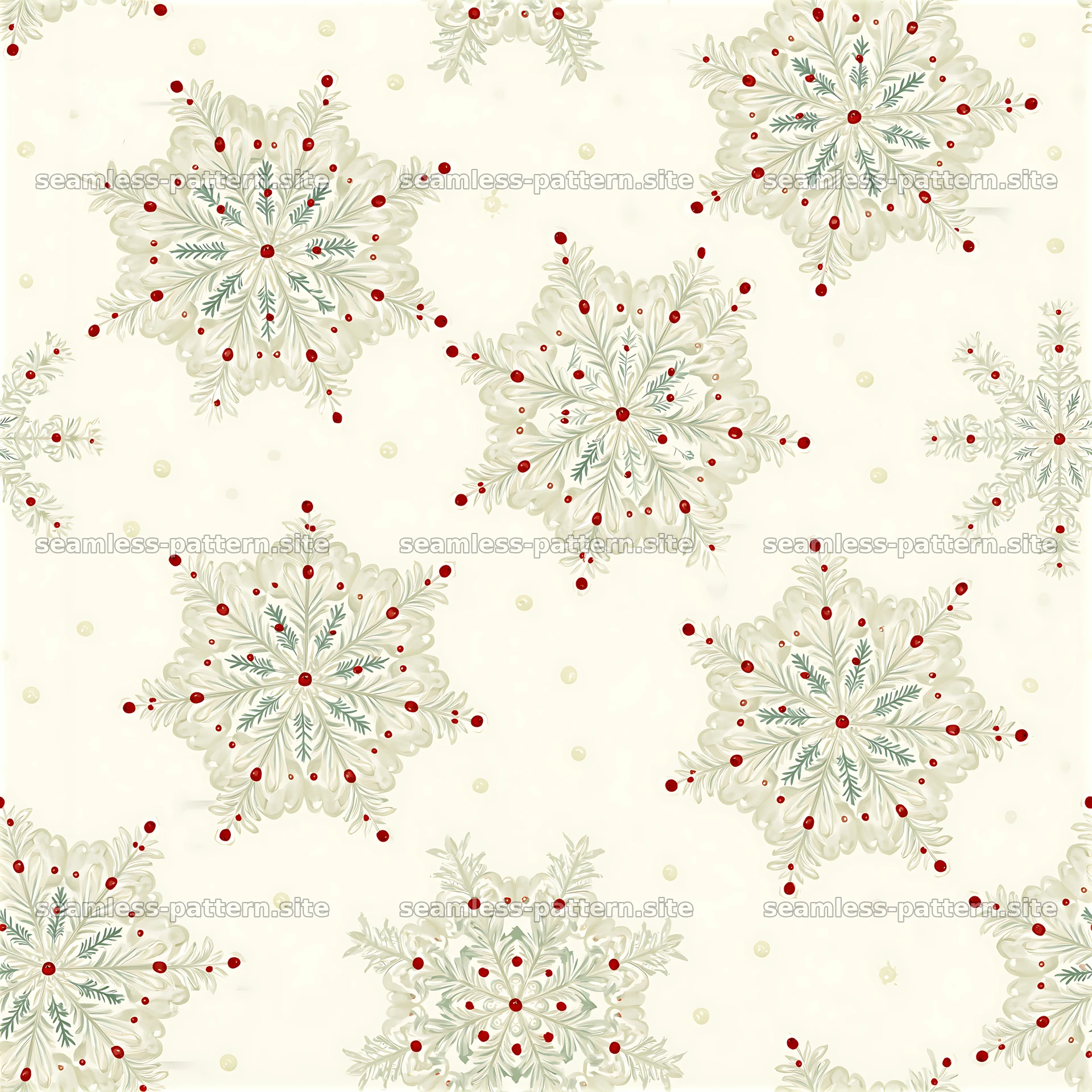 Seamless festive snowflake pattern with red accents and green details — seamless tileable pattern at 8192x8192