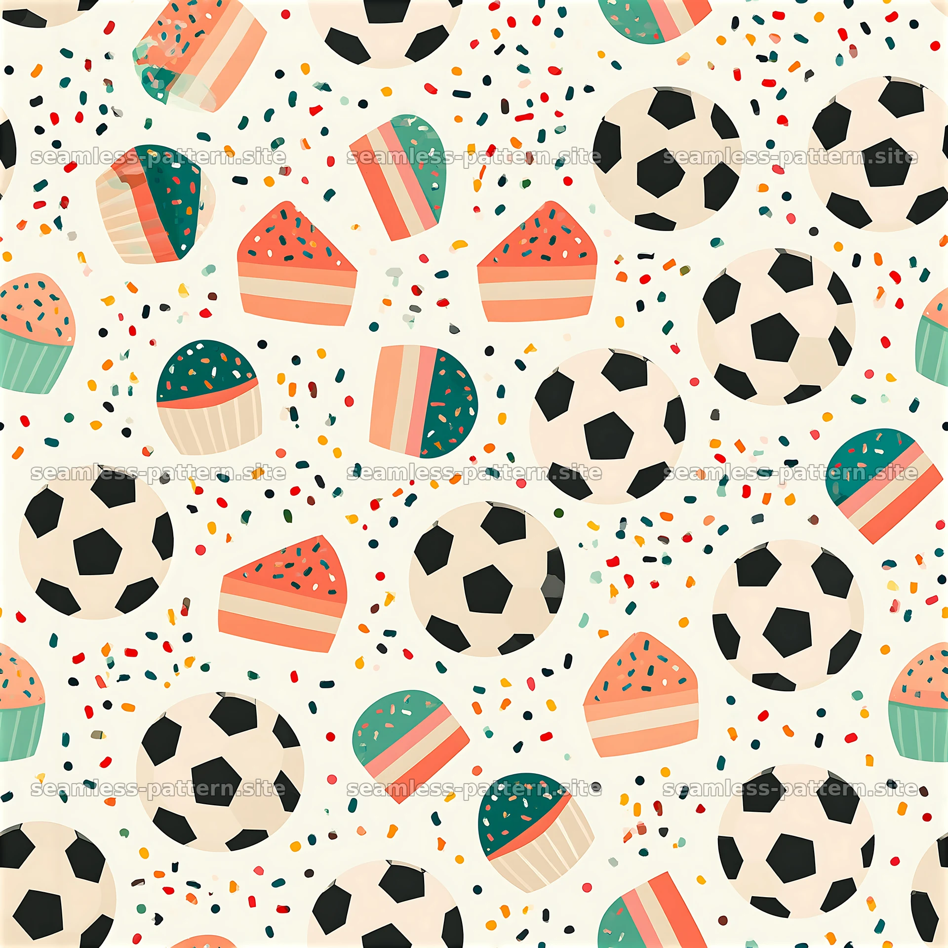 Birthday soccer balls seamless pattern with cakes and confetti — seamless tileable pattern at 8192x8192