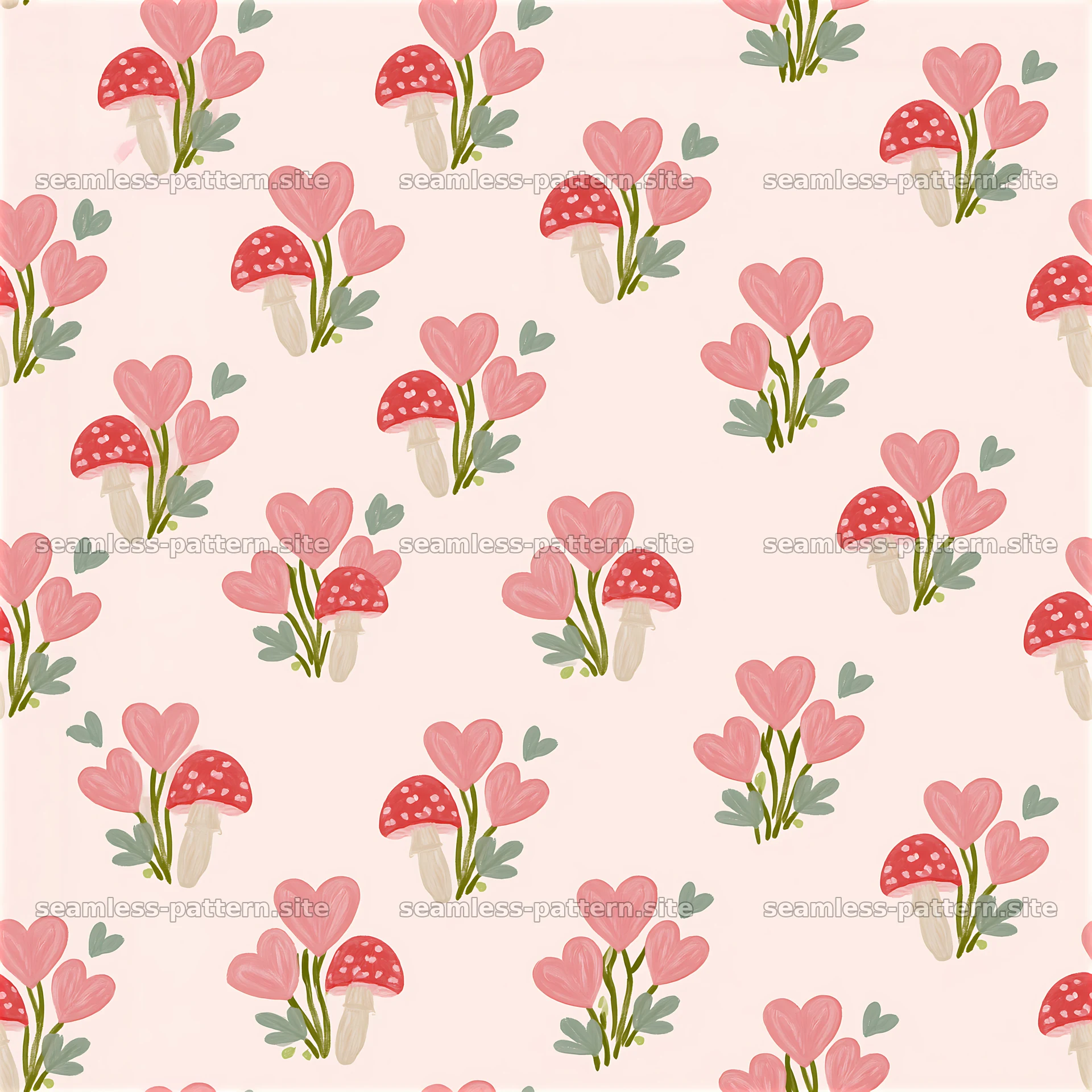 Heart mushrooms repeating pattern with pink hearts and mushrooms — seamless tileable pattern at 8192x8192