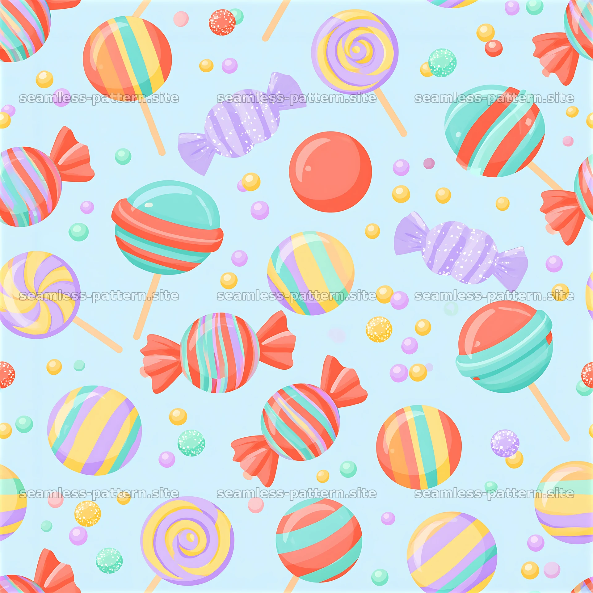 Colorful candy seamless pattern with various shapes and designs — seamless tileable pattern at 8192x8192