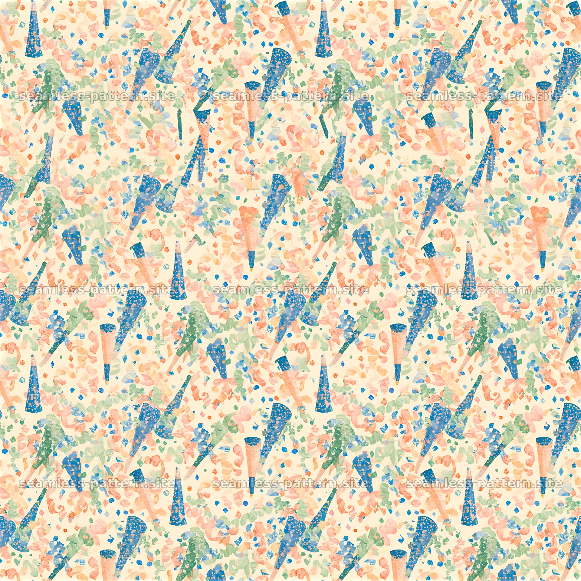 Colorful Party Hat and Confetti Seamless Pattern — seamless tileable pattern at 8192x8192
