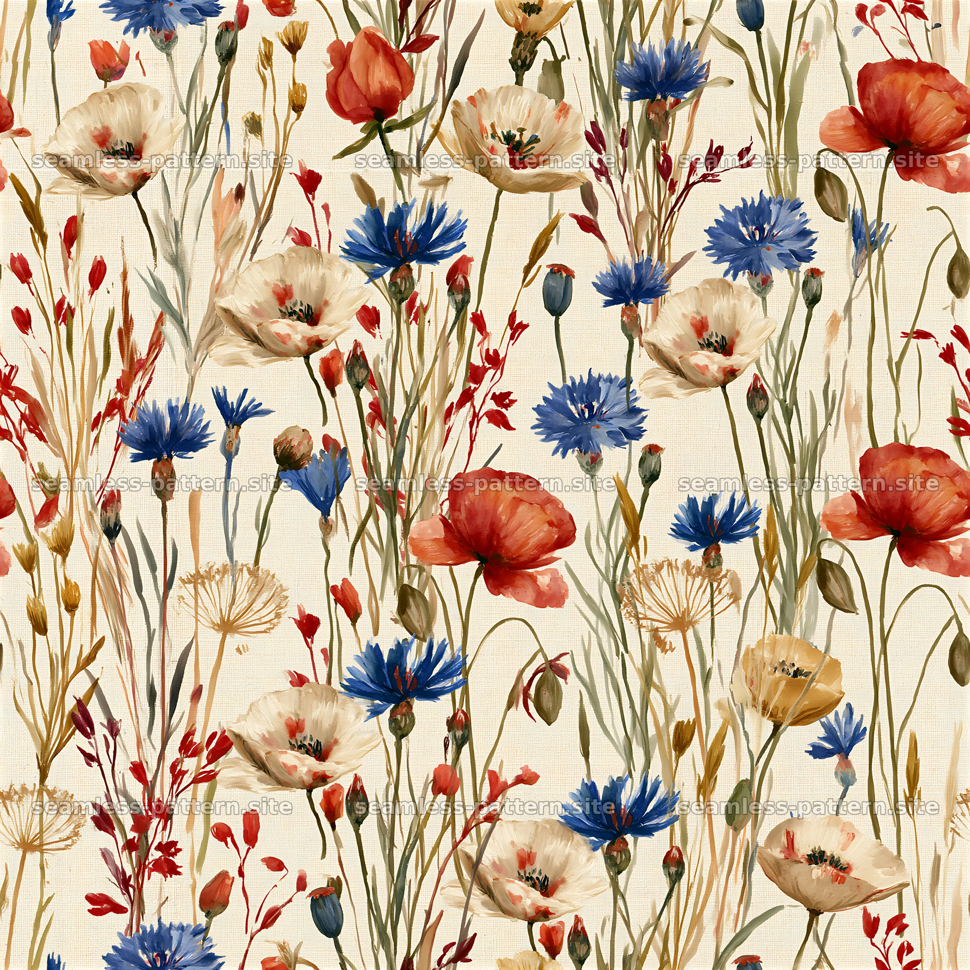 Watercolor floral repeating pattern with colorful wildflowers — seamless tileable pattern at 8192x8192