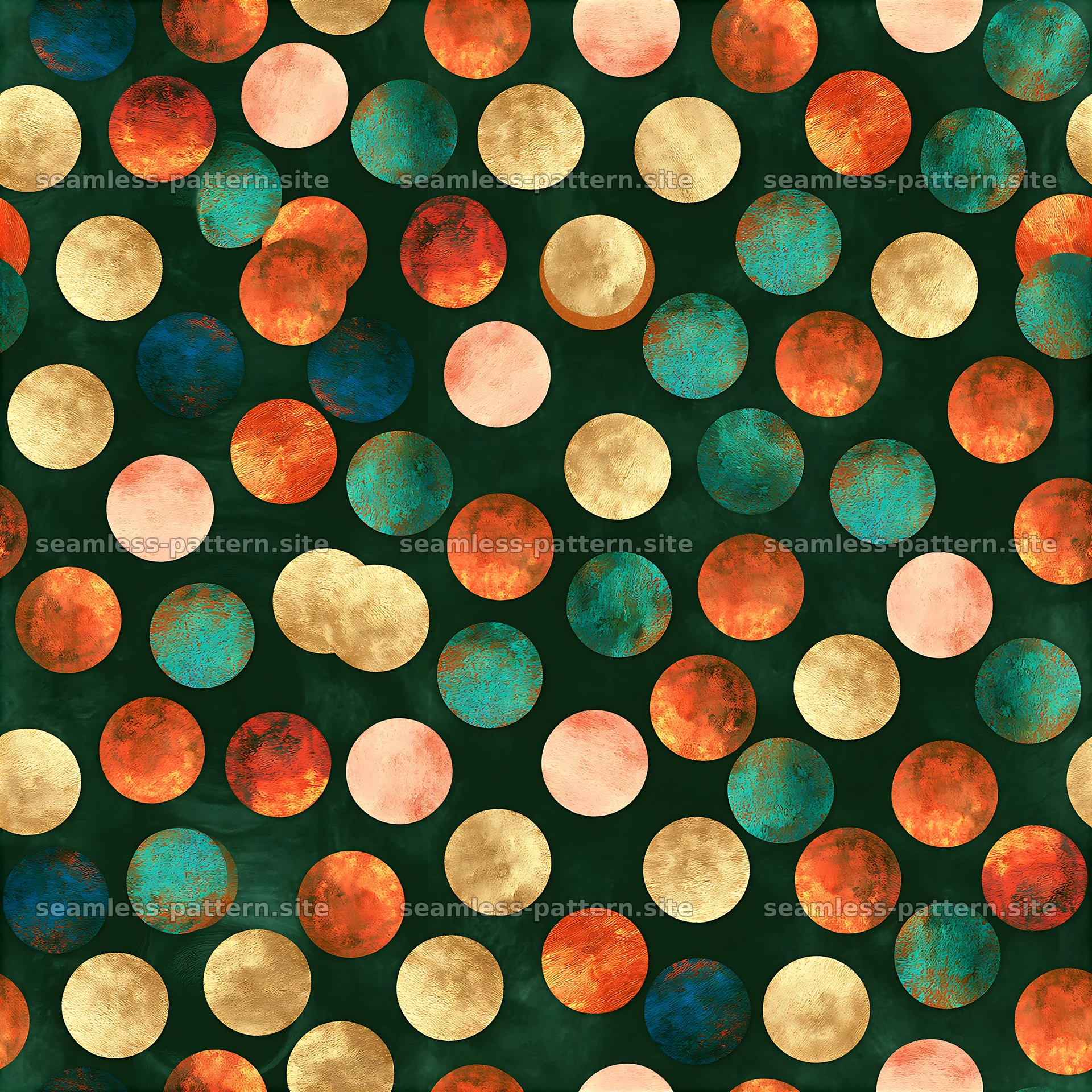 Colorful polka dot pattern with gold on a dark background — seamless tileable pattern at 8192x8192