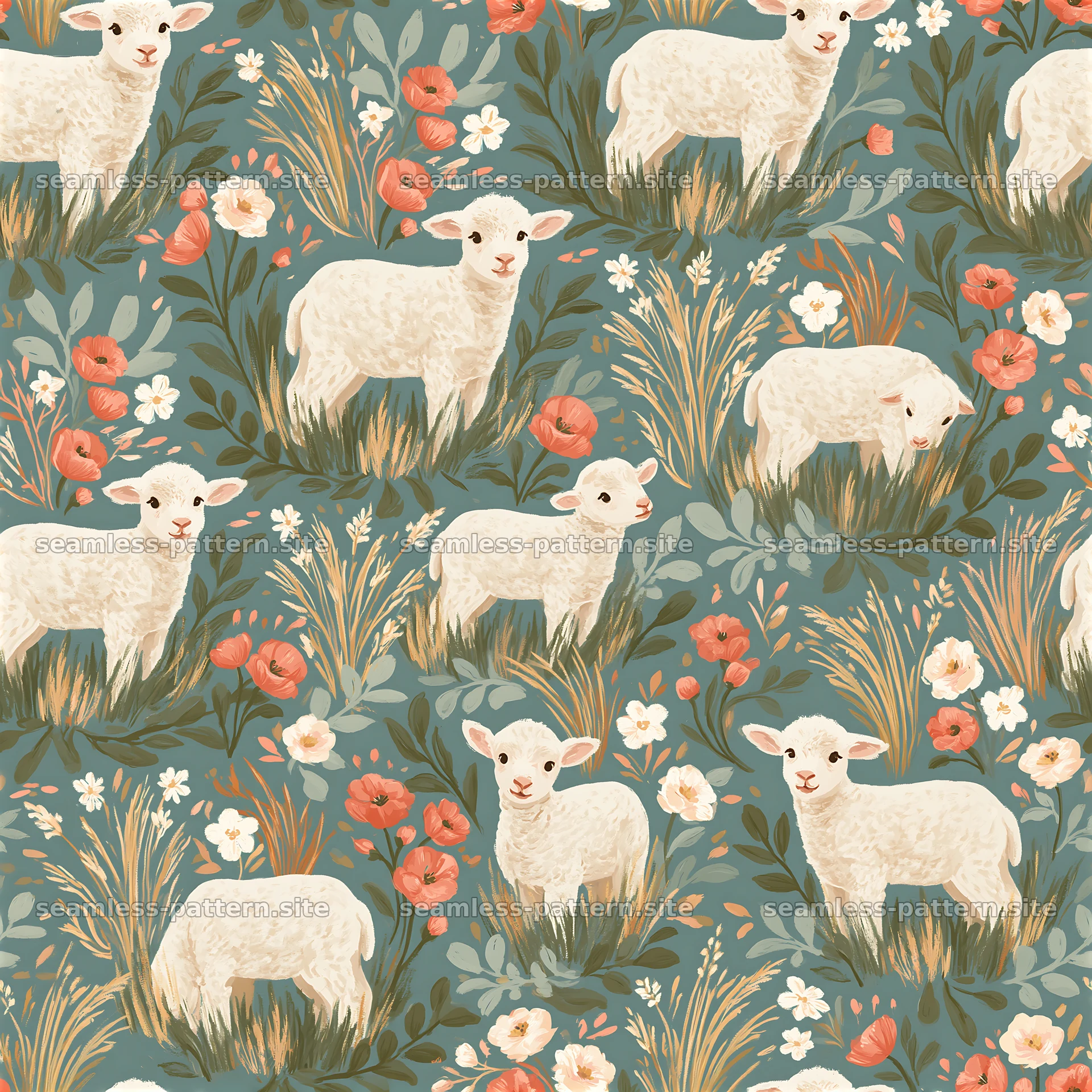 Lambs and Wildflowers Seamless Pattern — seamless tileable pattern at 8192x8192