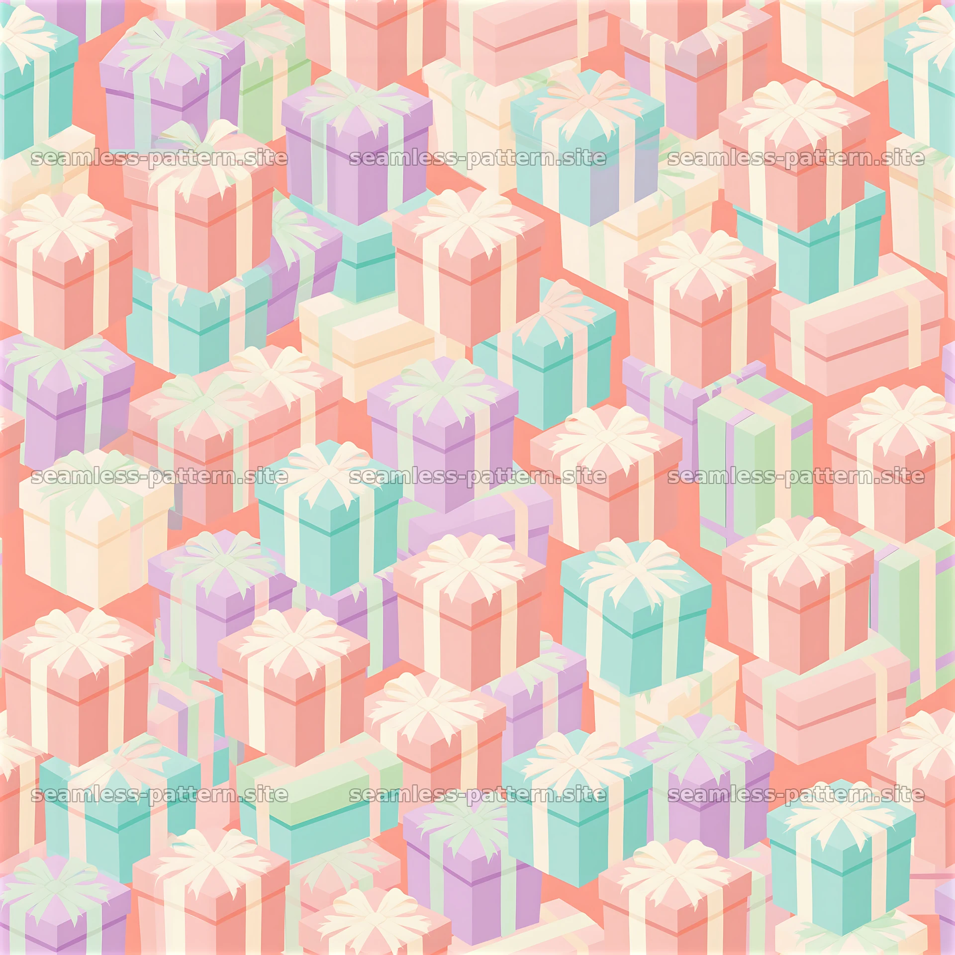 Repeating pattern of pastel Christmas gift boxes in seamless design — seamless tileable pattern at 8192x8192
