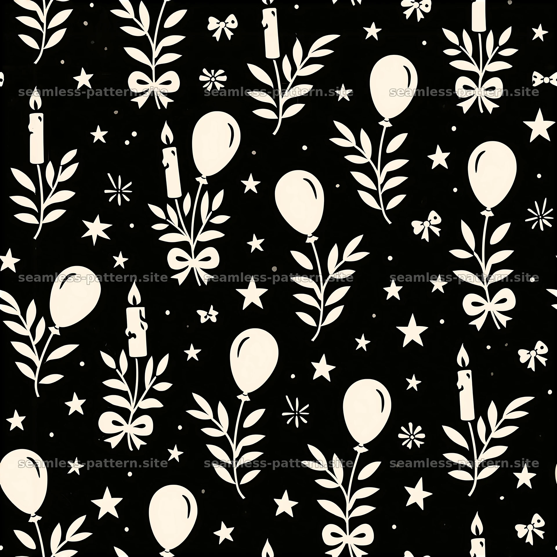 Black and white seamless pattern with balloons and candles — seamless tileable pattern at 8192x8192