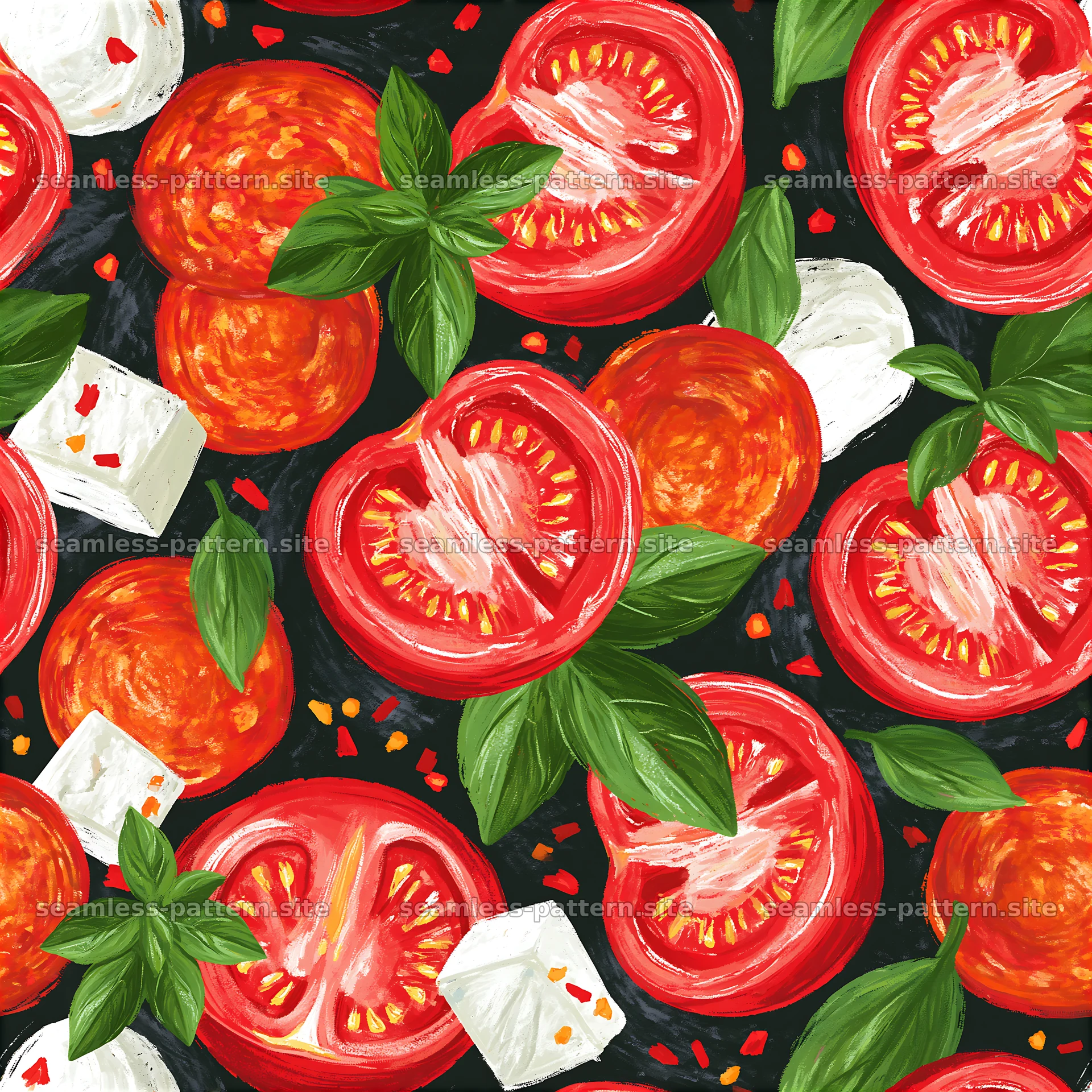 Seamless tomato, basil and mozzarella ingredients pattern — seamless tileable pattern at 8192x8192
