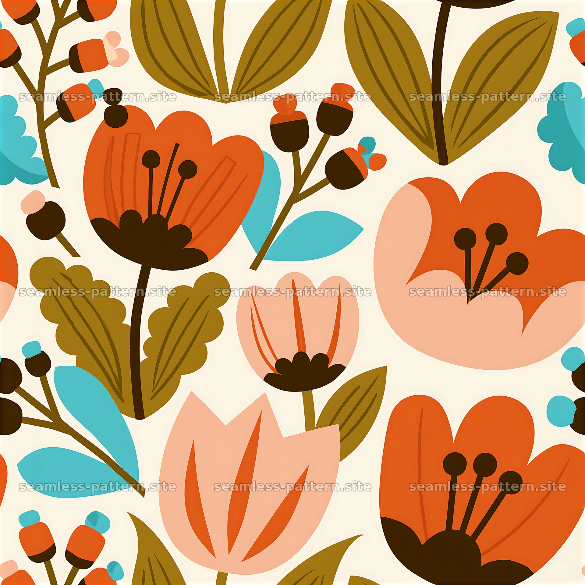 Funky retro floral botanical seamless pattern — seamless tileable pattern at 8192x8192