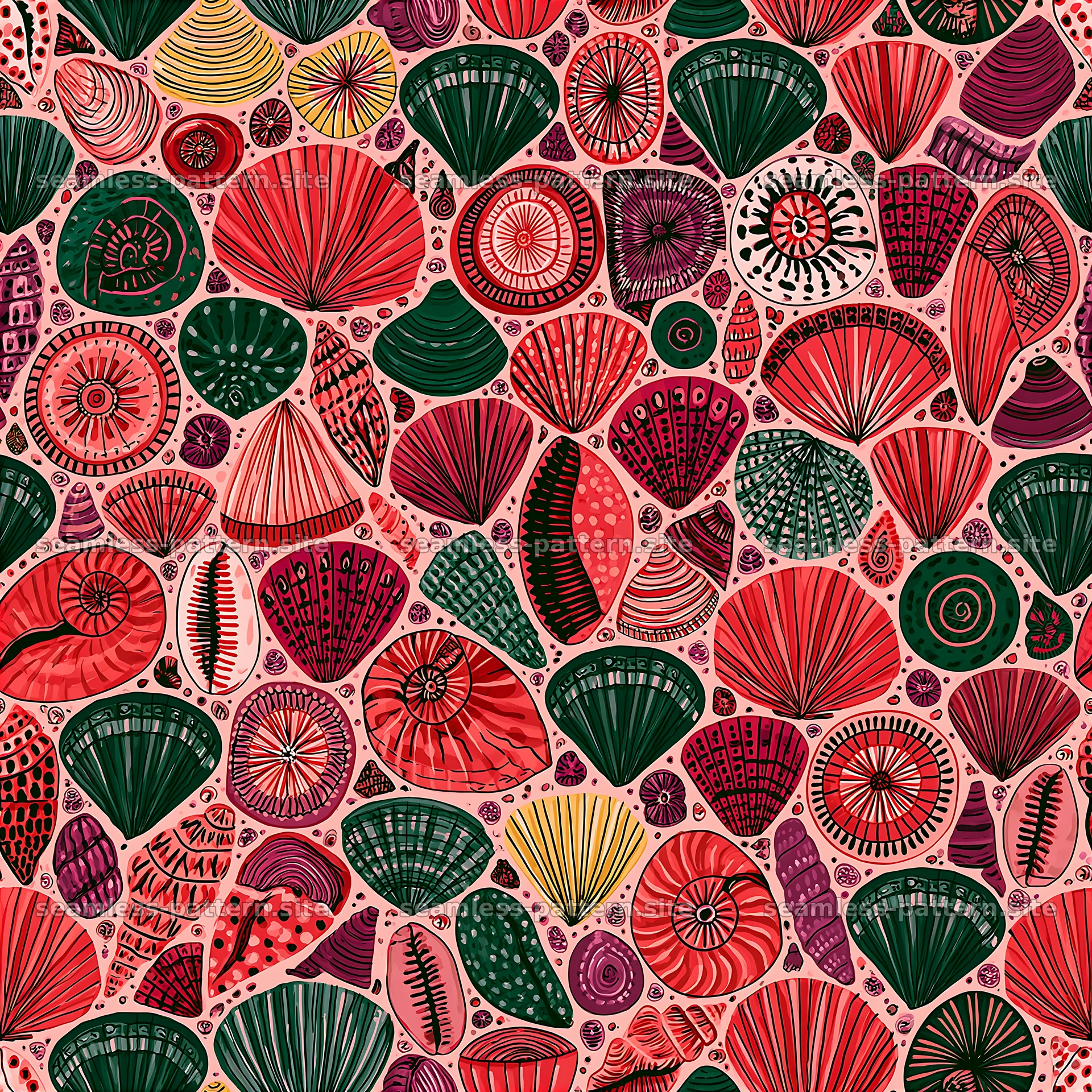 Colorful seashells on a pink background in a seamless pattern — seamless tileable pattern at 8192x8192